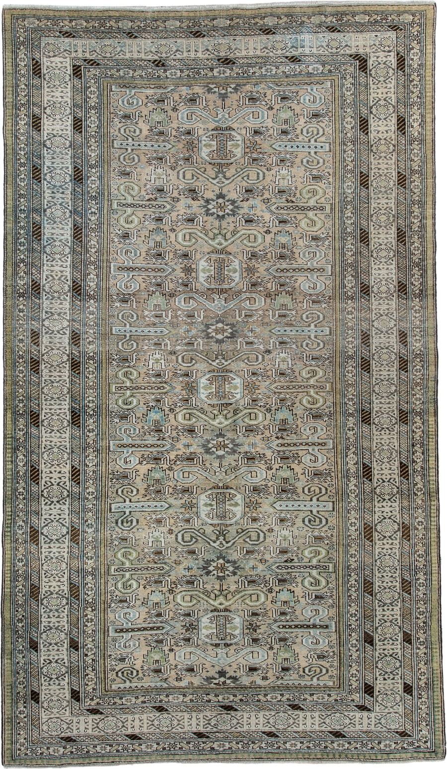 5' x 9' one-of-a-kind handmade vintage Ardebil medium size rug. Color palette: ivory, sage, slate blue, camel, charcoal