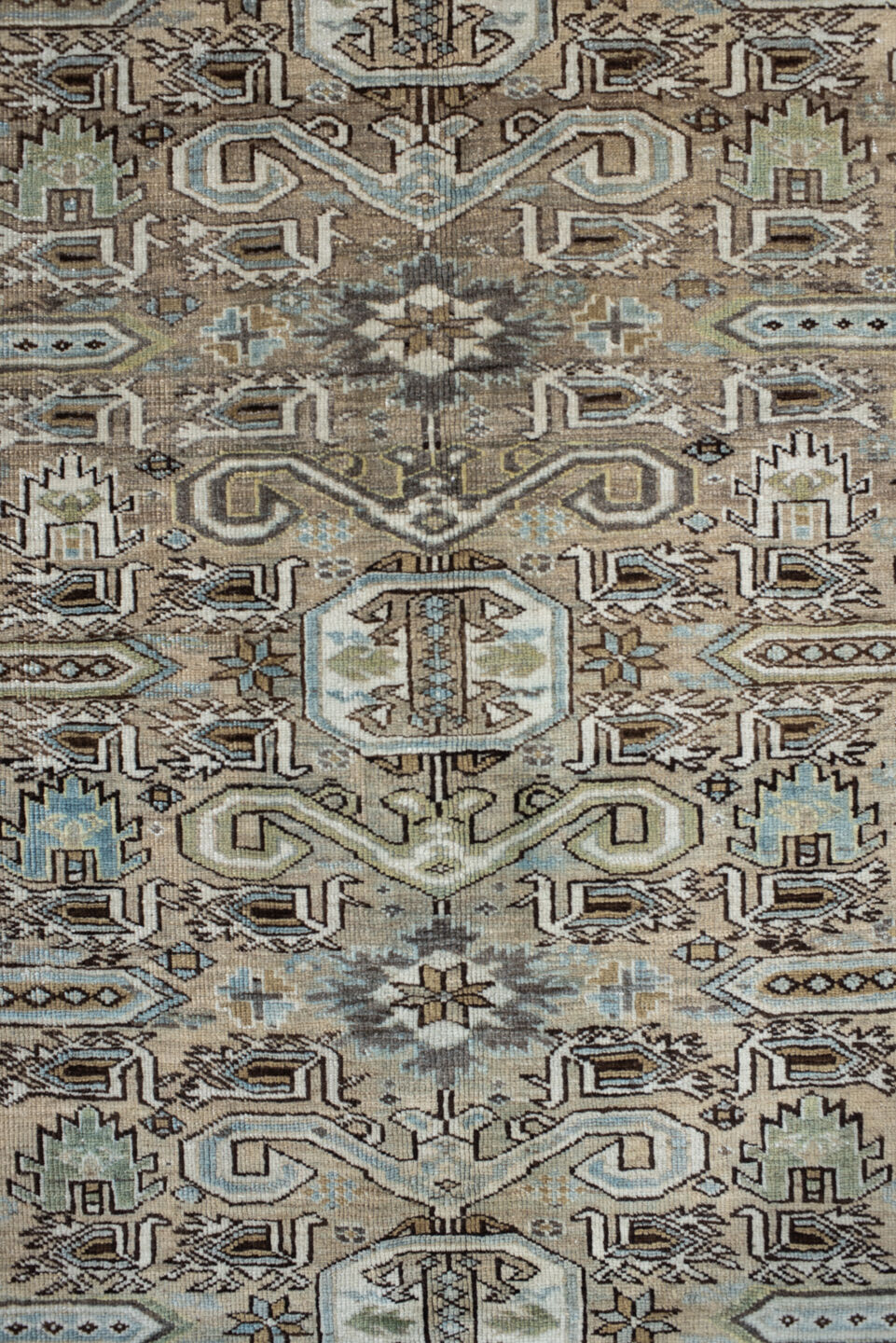 5' x 9' one-of-a-kind handmade vintage Ardebil medium size rug. Color palette: ivory, taupe, sky blue, brown, sage, charcoal