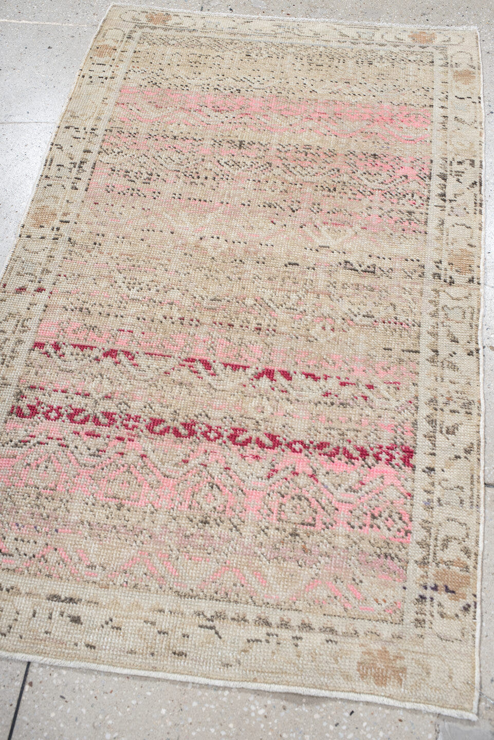 2' x 4' one-of-a-kind handmade vintage Anatolian small size rug. Color palette: ivory, blush, pink, raspberry, taupe