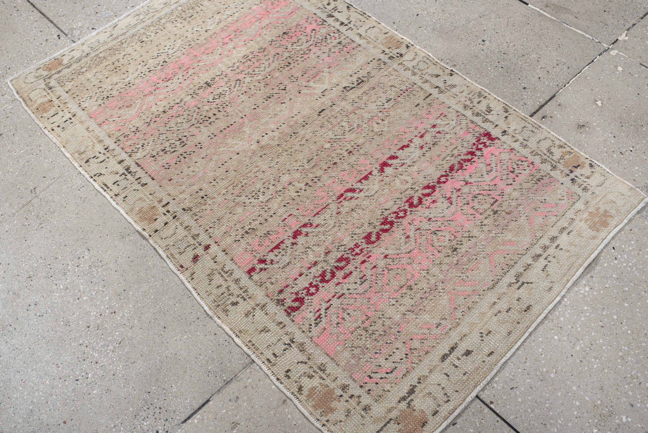 2' x 4' one-of-a-kind handmade vintage Anatolian small size rug. Color palette: ivory, blush, pink, raspberry, taupe