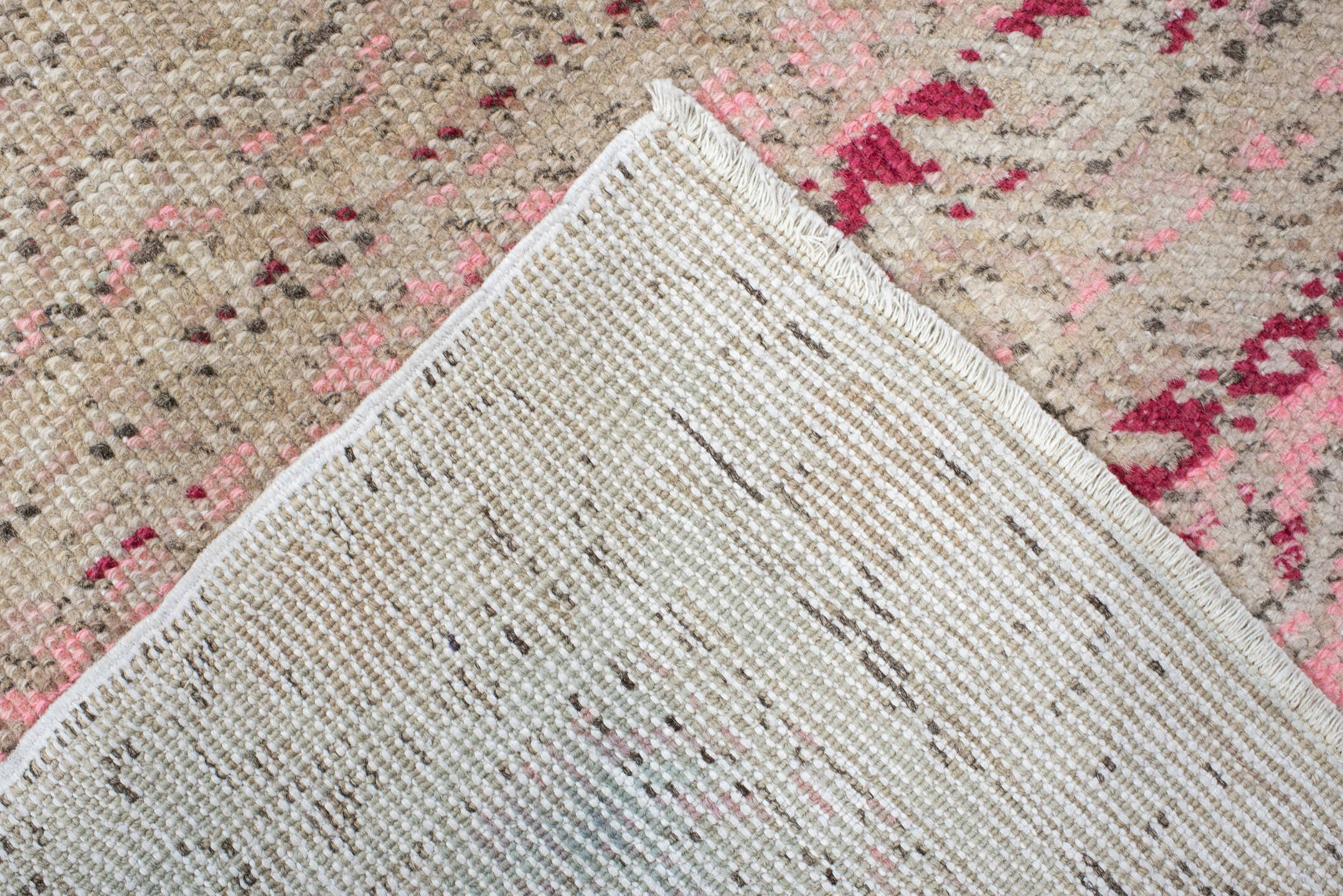 2' x 4' one-of-a-kind handmade vintage Anatolian small size rug. Color palette: ivory, blush, pink, raspberry, taupe