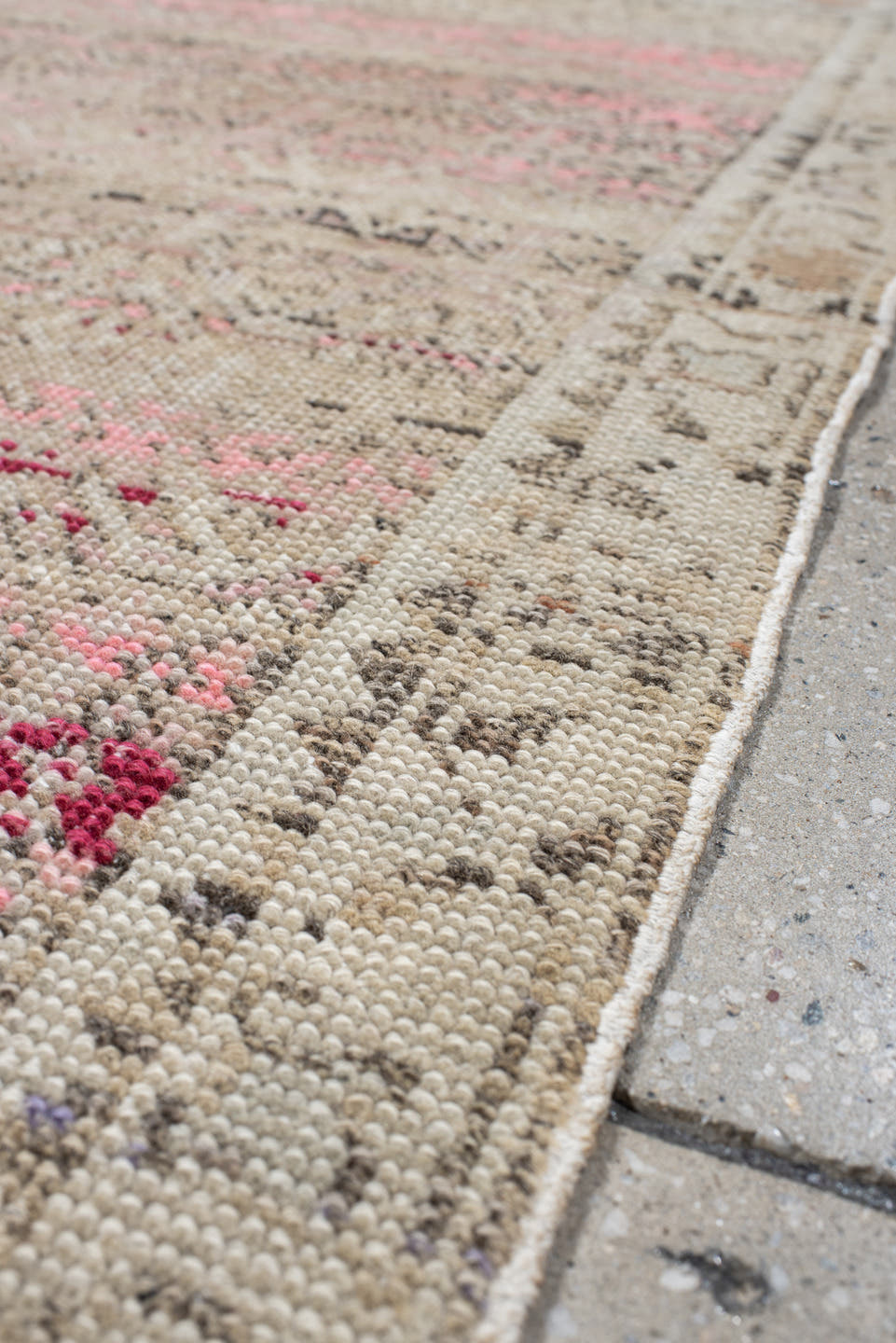 2' x 4' one-of-a-kind handmade vintage Anatolian small size rug. Color palette: ivory, blush, pink, raspberry, taupe