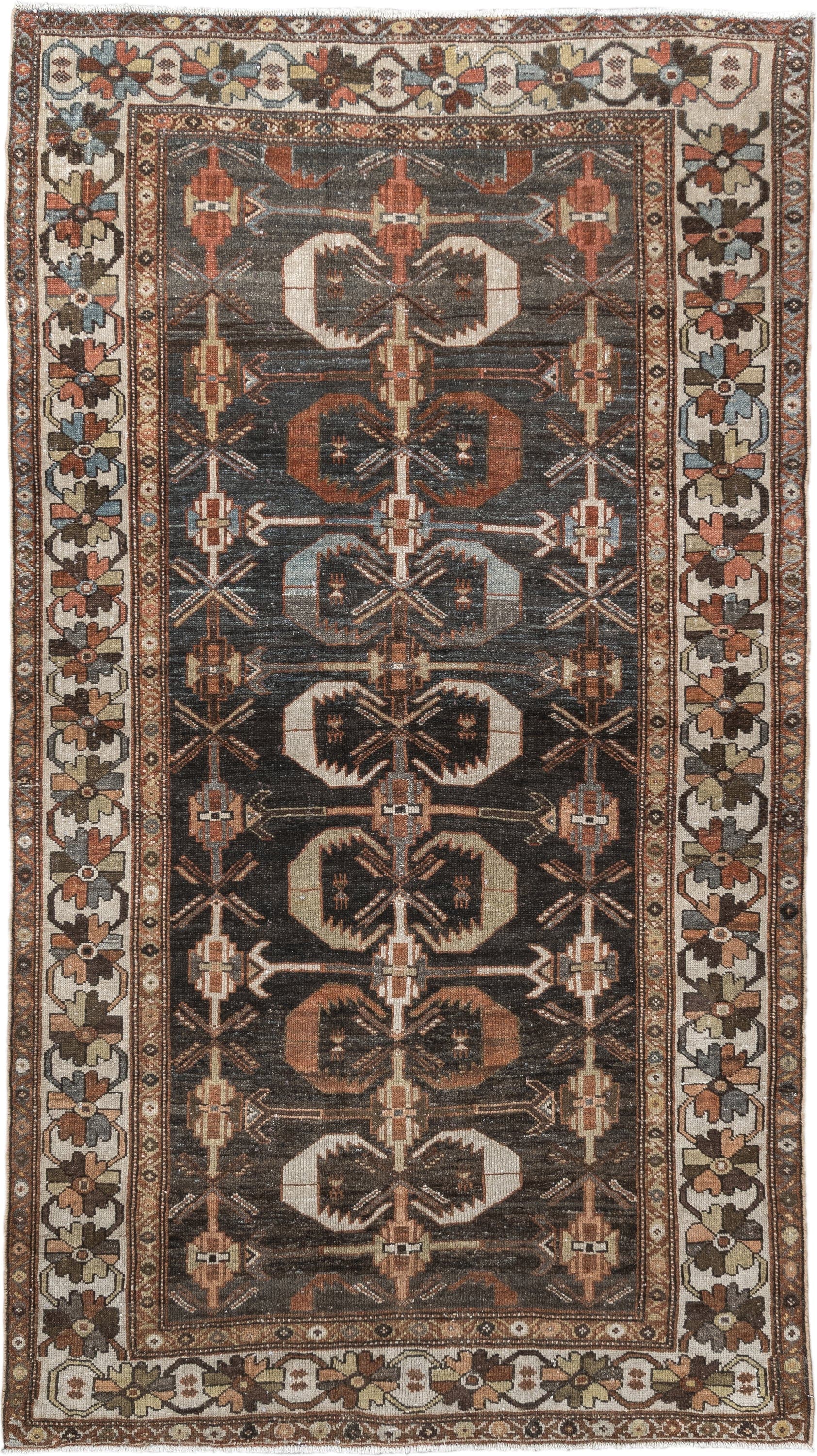 4' x 7' one-of-a-kind handmade antique Shirvan rug. Color palette: charcoal, ivory, rust, taupe, slate, camel, terracotta