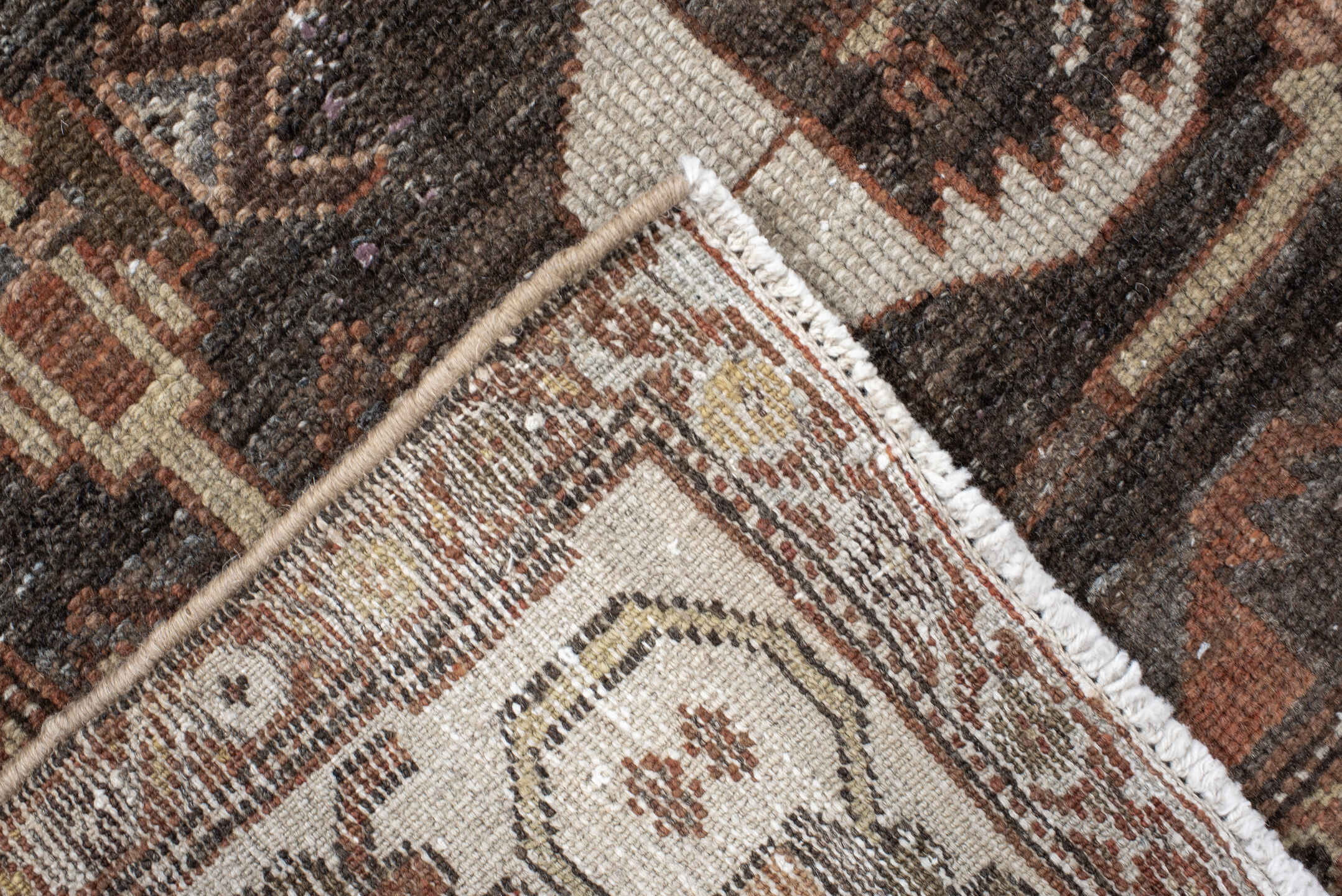 4' x 7' one-of-a-kind handmade antique Shirvan rug. Color palette: charcoal, ivory, rust, taupe, slate, camel, terracotta