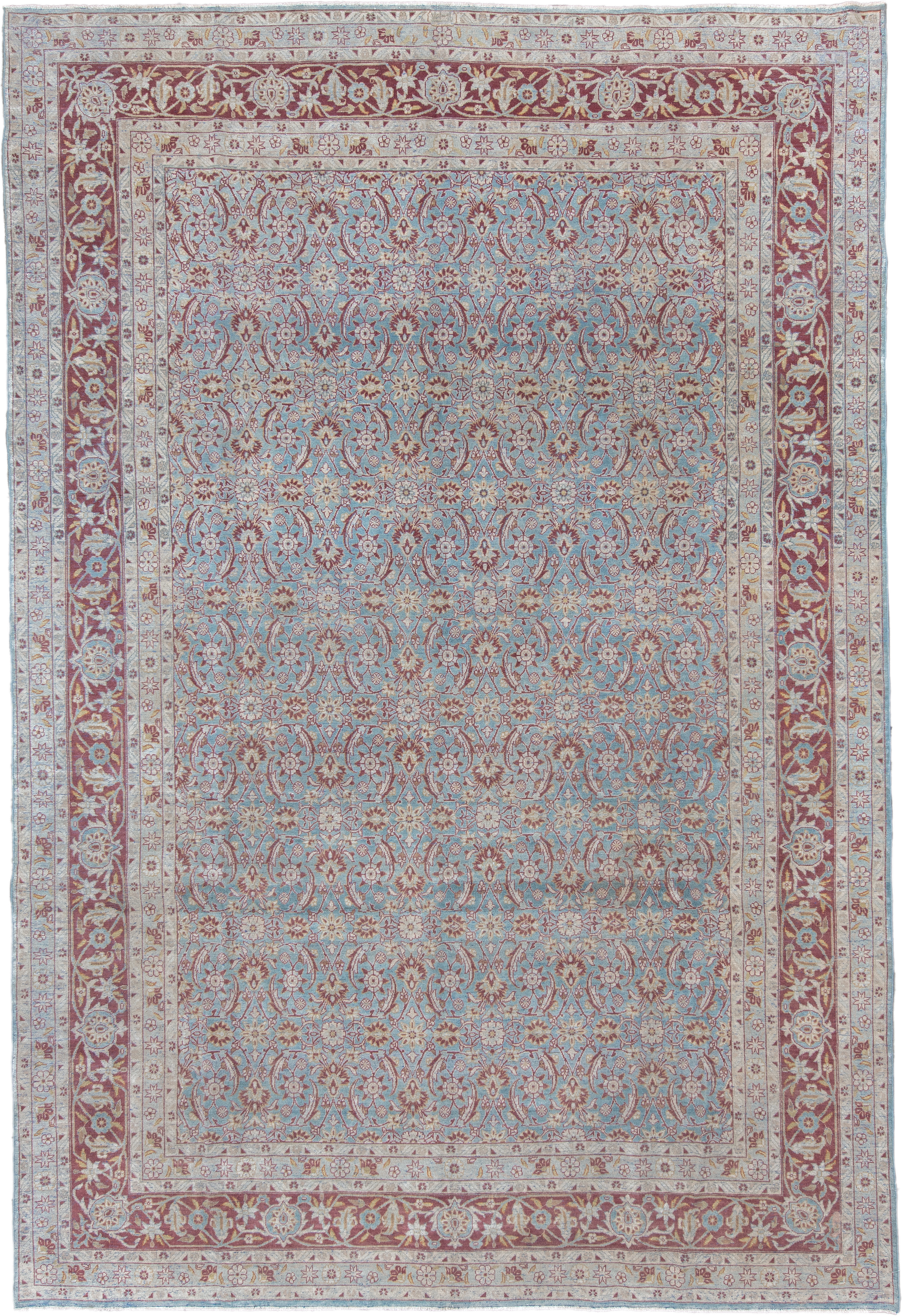 8' x 12' one-of-a-kind handmade vintage Tabriz large size rug. Color palette: sky blue, ivory, rose, dusty red, taupe, cream