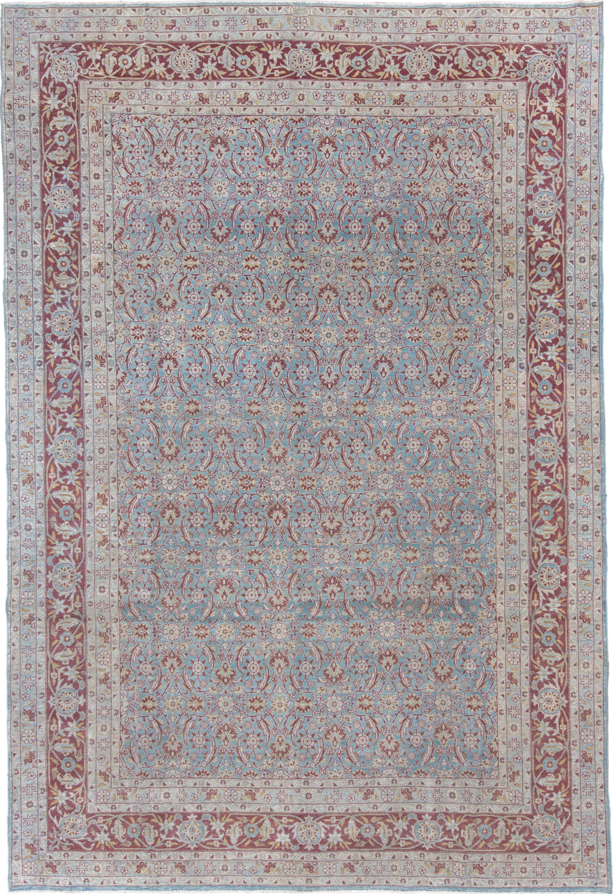 8' x 12' one-of-a-kind handmade vintage Tabriz large size rug. Color palette: sky blue, ivory, rose, dusty red, taupe, cream