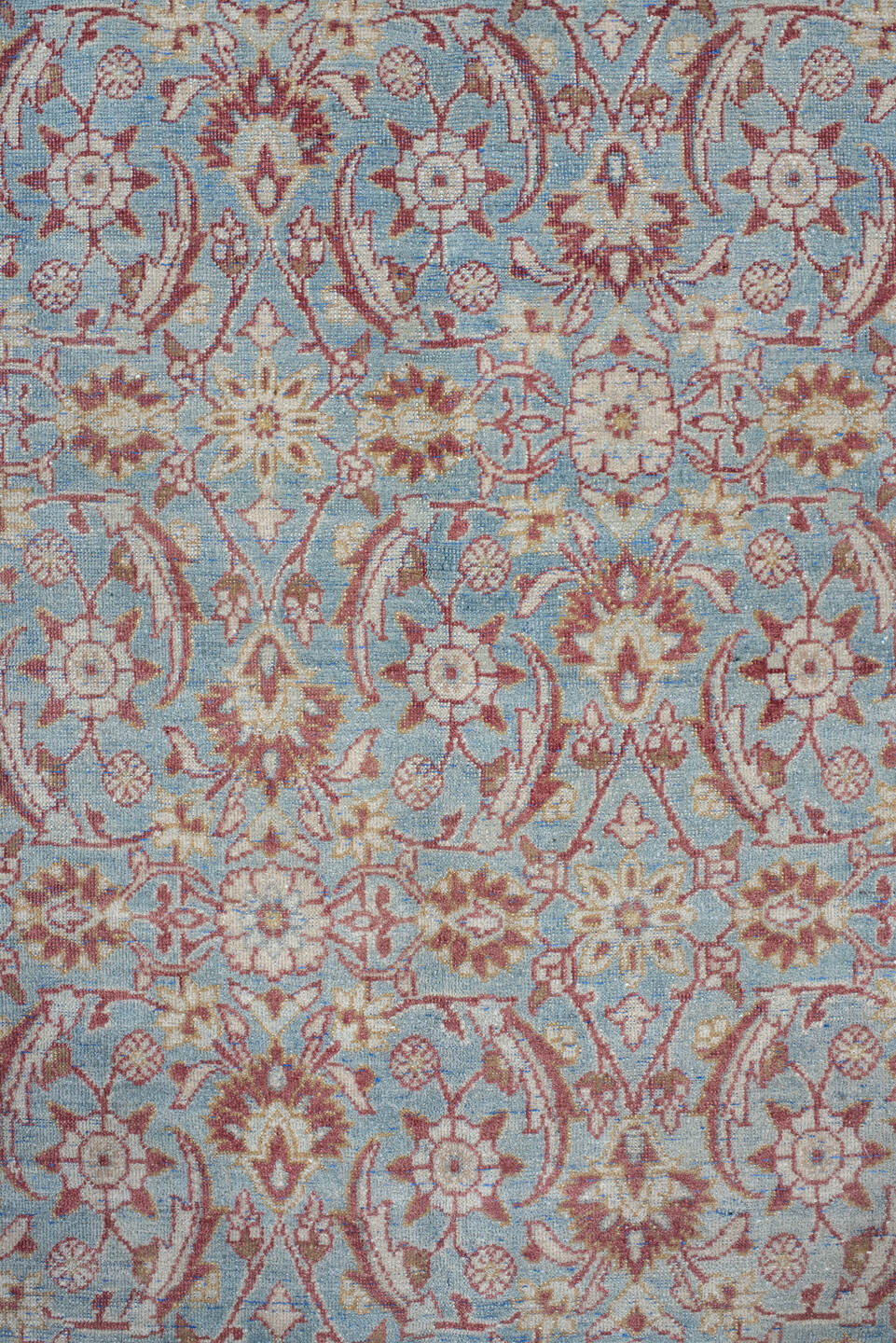 8' x 12' one-of-a-kind handmade vintage Tabriz large size rug. Color palette: sky blue, ivory, rose, dusty red, taupe, cream