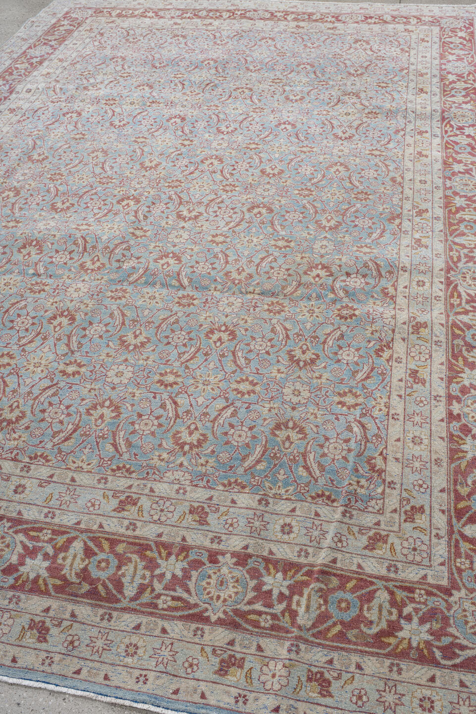 8' x 12' one-of-a-kind handmade vintage Tabriz large size rug. Color palette: sky blue, ivory, rose, dusty red, taupe, cream