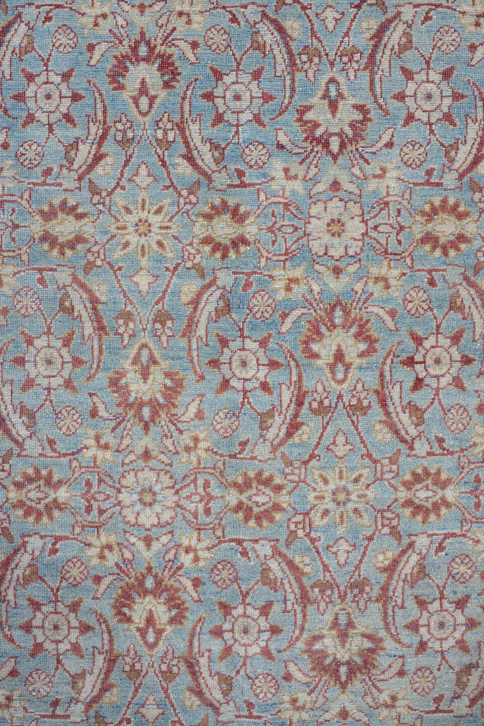 8' x 12' one-of-a-kind handmade vintage Tabriz large size rug. Color palette: sky blue, ivory, rose, dusty red, taupe, cream