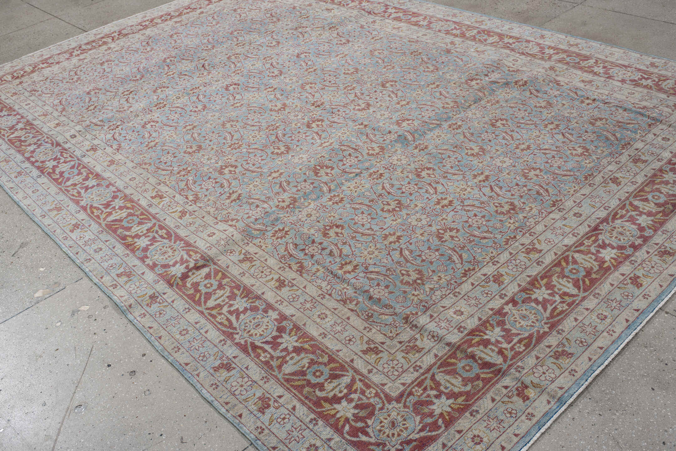 8' x 12' one-of-a-kind handmade vintage Tabriz large size rug. Color palette: sky blue, ivory, rose, dusty red, taupe, cream
