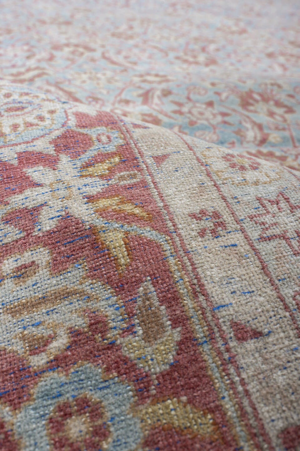 8' x 12' one-of-a-kind handmade vintage Tabriz large size rug. Color palette: sky blue, ivory, rose, dusty red, taupe, cream