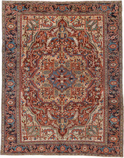 9' x 11' one-of-a-kind handmade vintage Heriz large size rug. Color palette: rust, ivory, navy, sky_blue, terra_cotta, sage