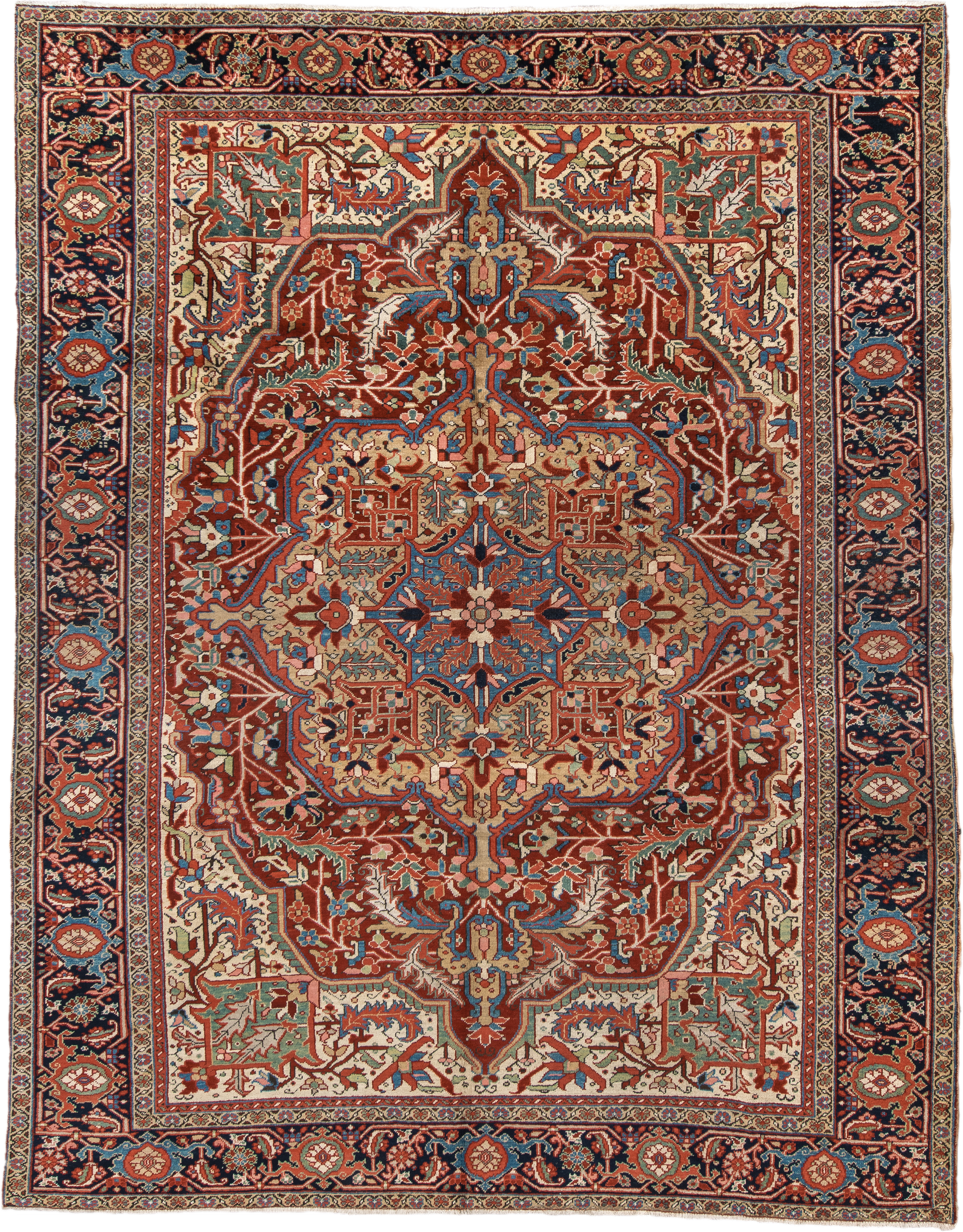 9' x 11' one-of-a-kind handmade vintage Heriz large size rug. Color palette: rust, ivory, navy, sky_blue, terra_cotta, sage