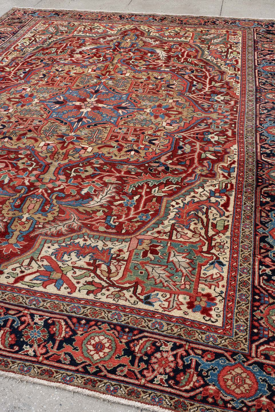 9' x 11' one-of-a-kind handmade vintage Heriz large size rug. Color palette: rust, ivory, navy, sky_blue, terra_cotta, sage