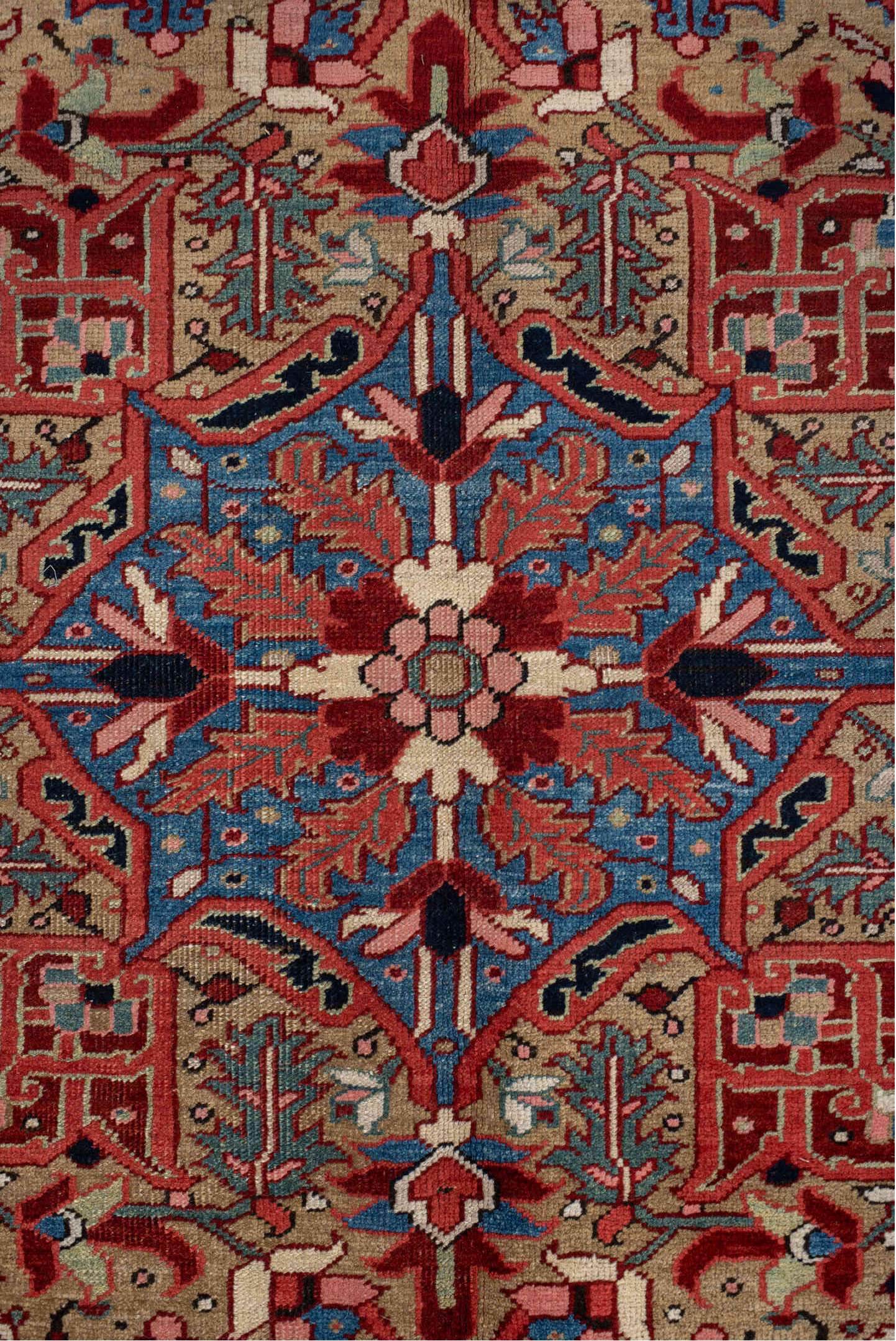 9' x 11' one-of-a-kind handmade vintage Heriz large size rug. Color palette: rust, ivory, navy, sky_blue, terra_cotta, sage