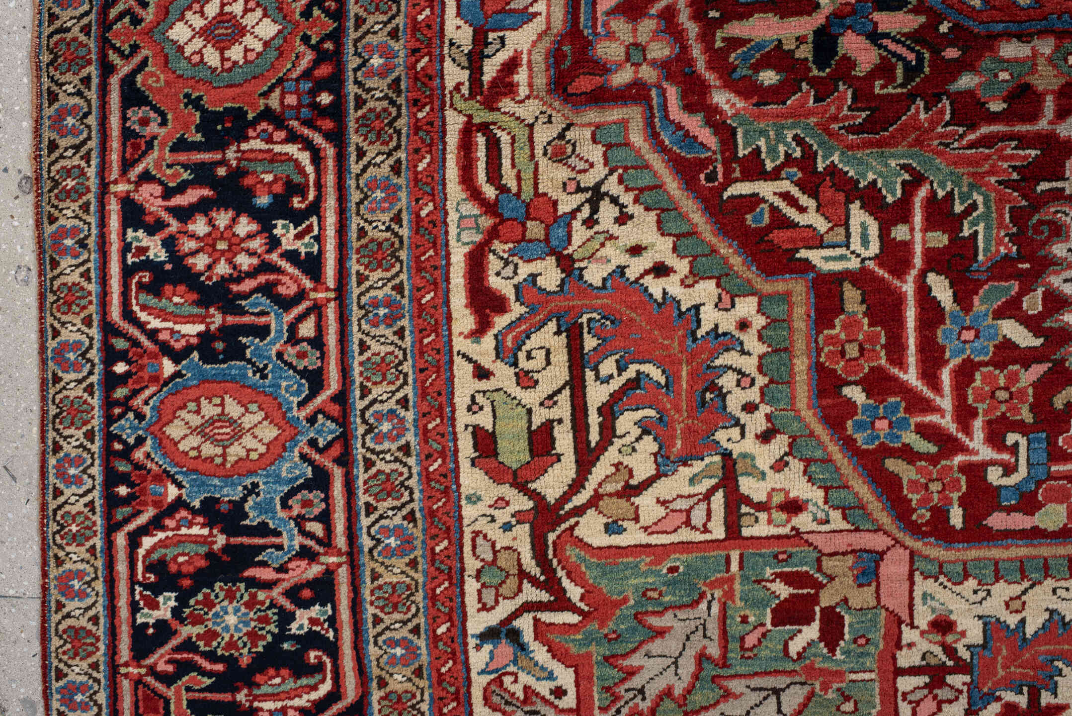 9' x 11' one-of-a-kind handmade vintage Heriz large size rug. Color palette: rust, ivory, navy, sky_blue, terra_cotta, sage