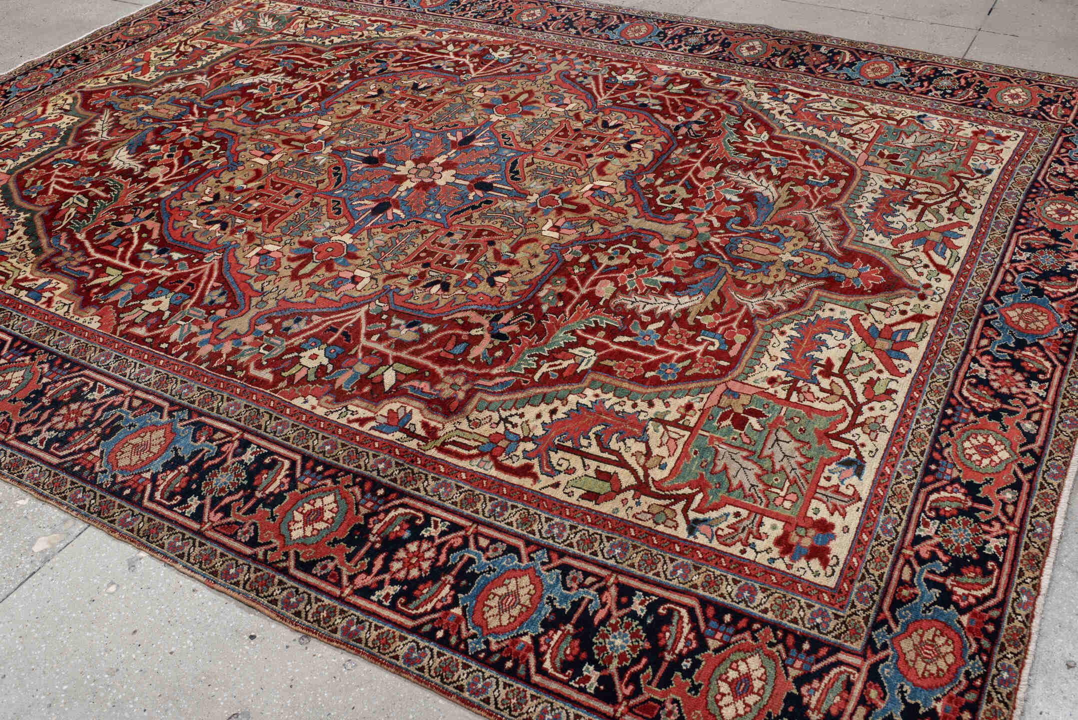 9' x 11' one-of-a-kind handmade vintage Heriz large size rug. Color palette: rust, ivory, navy, sky_blue, terra_cotta, sage