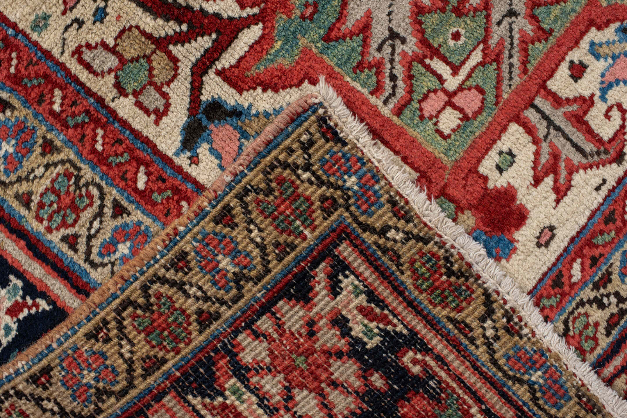 9' x 11' one-of-a-kind handmade vintage Heriz large size rug. Color palette: rust, ivory, navy, sky_blue, terra_cotta, sage