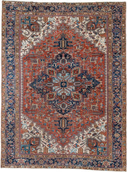9' x 12' one-of-a-kind handmade vintage Heriz large size rug. Color palette: rust, navy, ivory, sky_blue, camel, terracotta