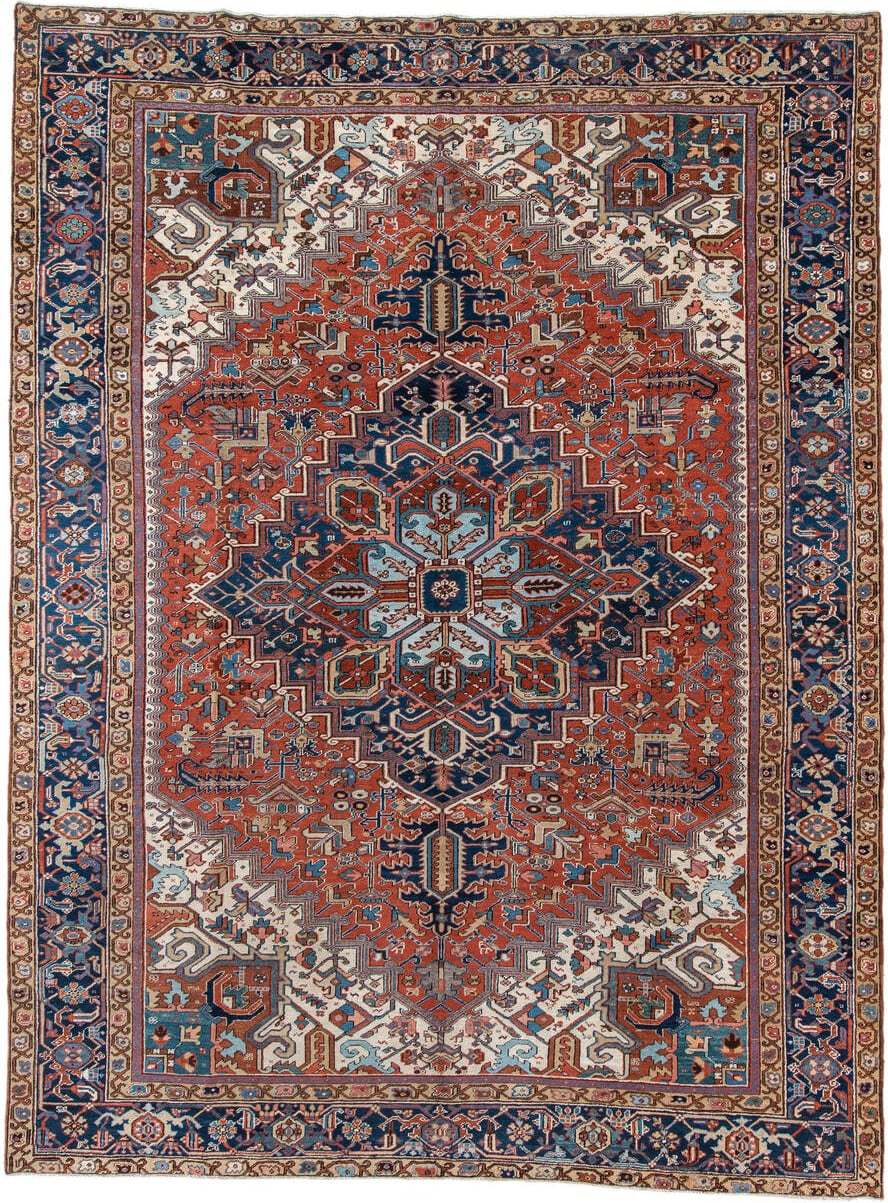 9' x 12' one-of-a-kind handmade vintage Heriz large size rug. Color palette: rust, navy, ivory, sky_blue, camel, terracotta