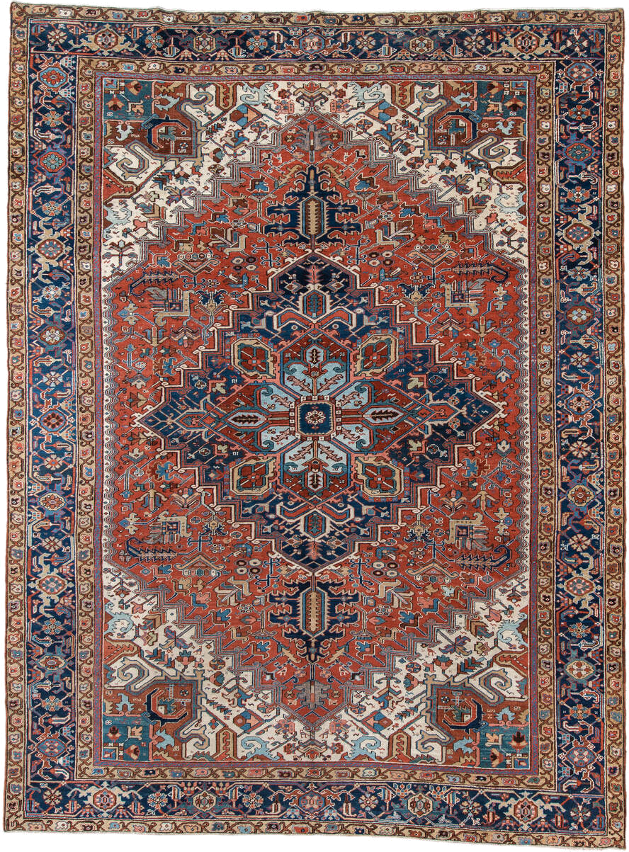 9' x 12' one-of-a-kind handmade vintage Heriz large size rug. Color palette: rust, navy, ivory, sky_blue, camel, terracotta
