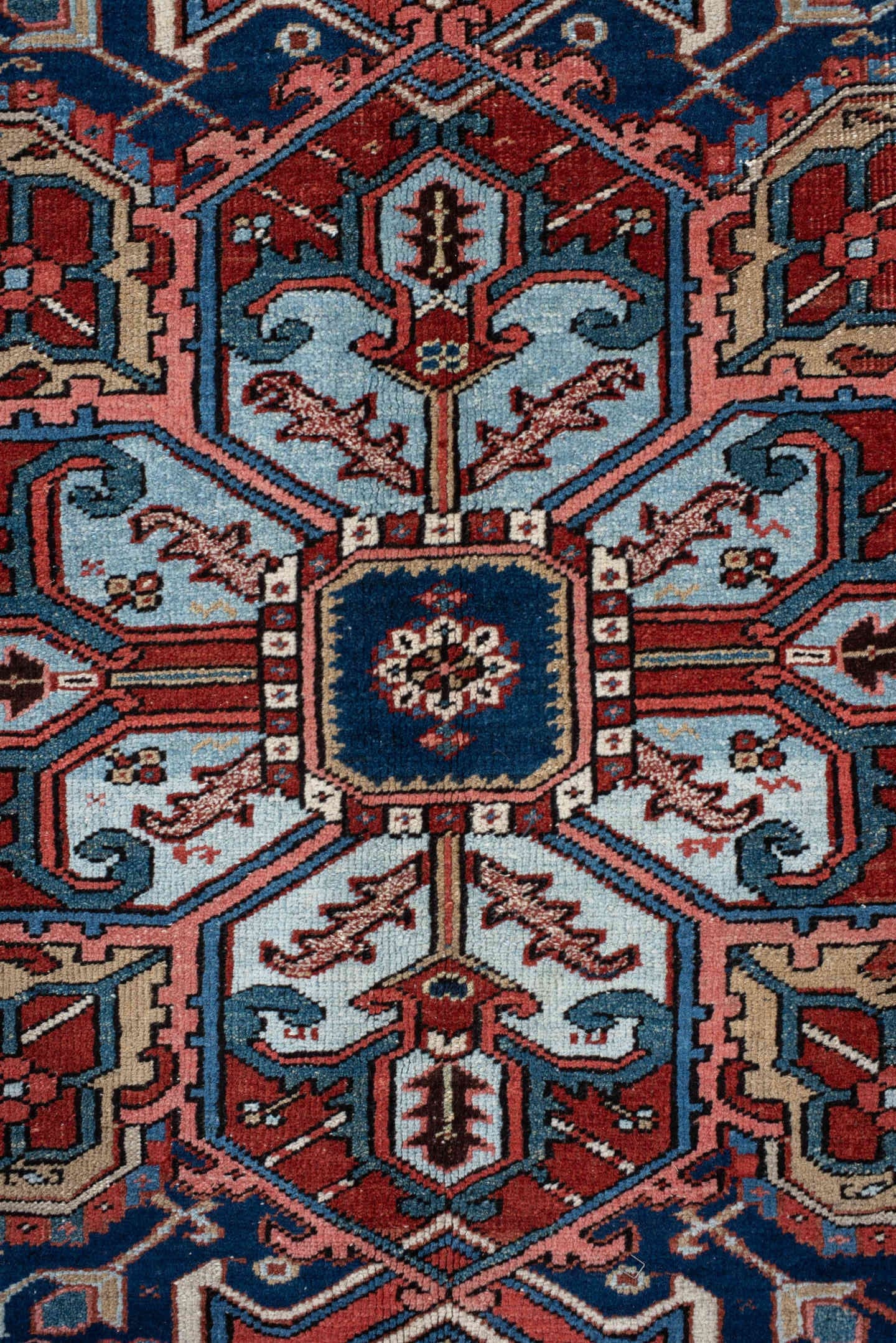9' x 12' one-of-a-kind handmade vintage Heriz large size rug. Color palette: rust, navy, ivory, sky_blue, camel, terracotta