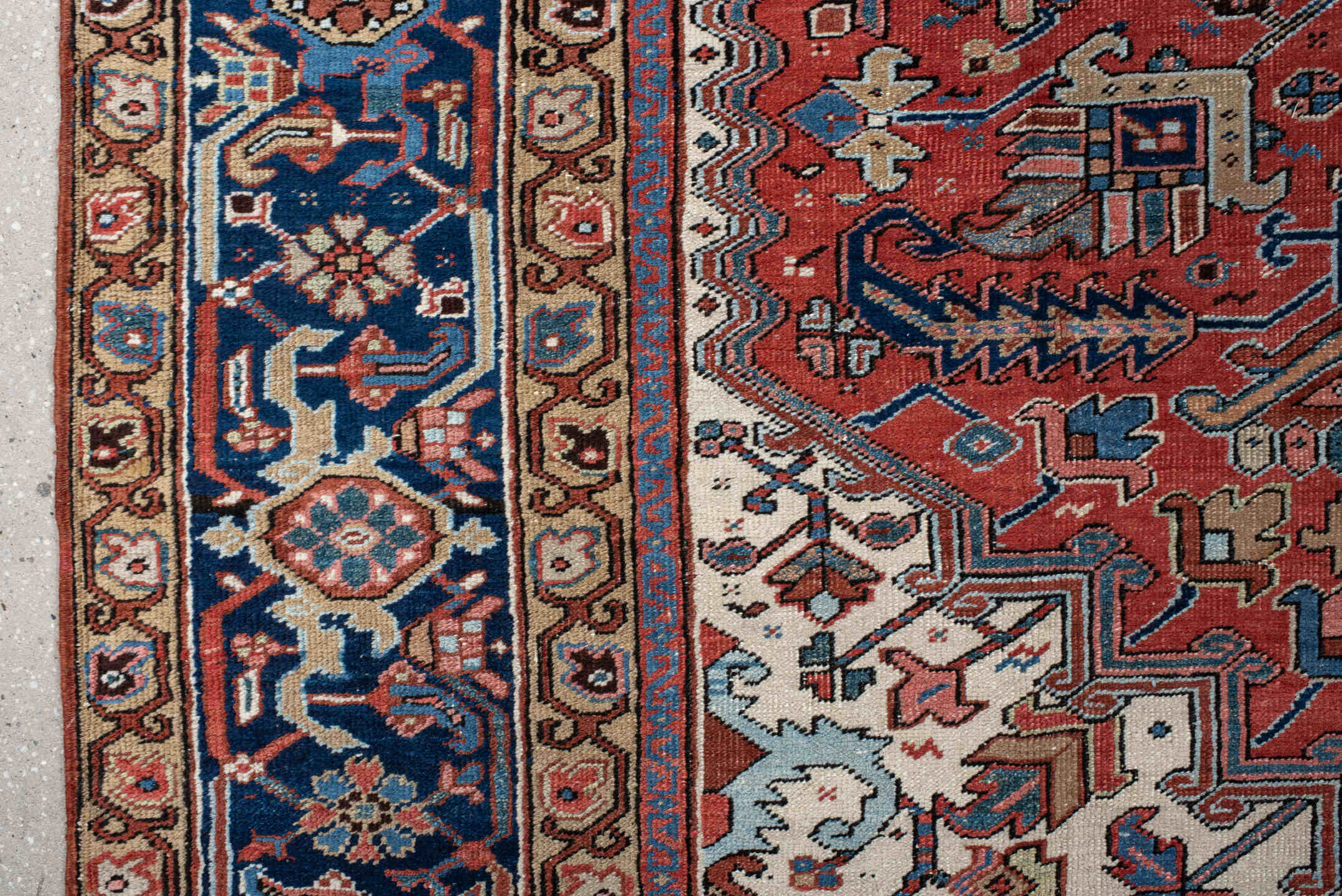 9' x 12' one-of-a-kind handmade vintage Heriz large size rug. Color palette: rust, navy, ivory, sky_blue, camel, terracotta