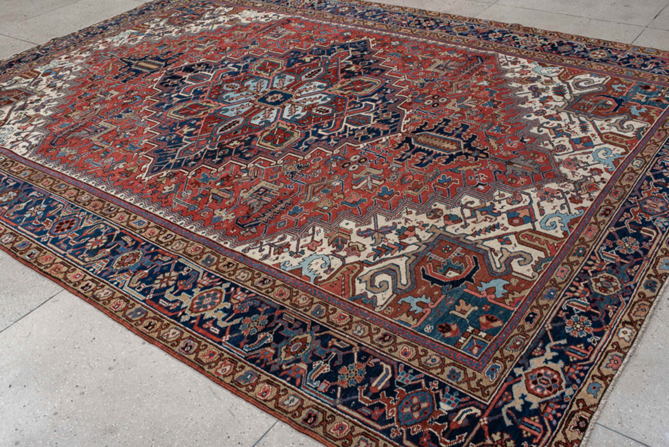 9' x 12' one-of-a-kind handmade vintage Heriz large size rug. Color palette: arapawa, black, blue, brown, dark gray