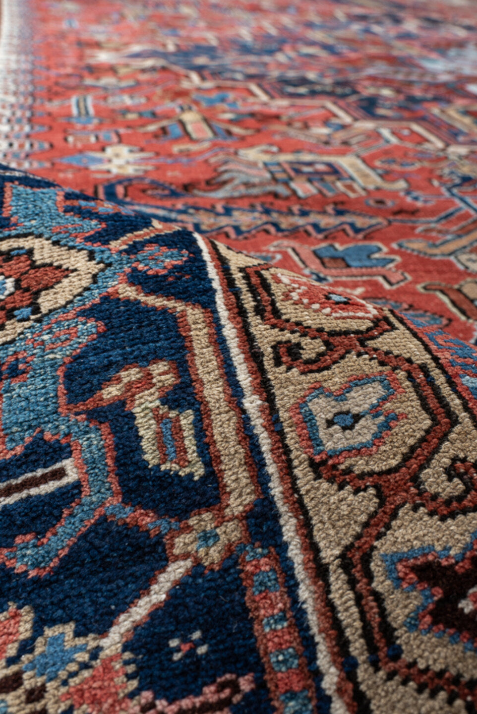 9' x 12' one-of-a-kind handmade vintage Heriz large size rug. Color palette: arapawa, black, blue, brown, dark gray