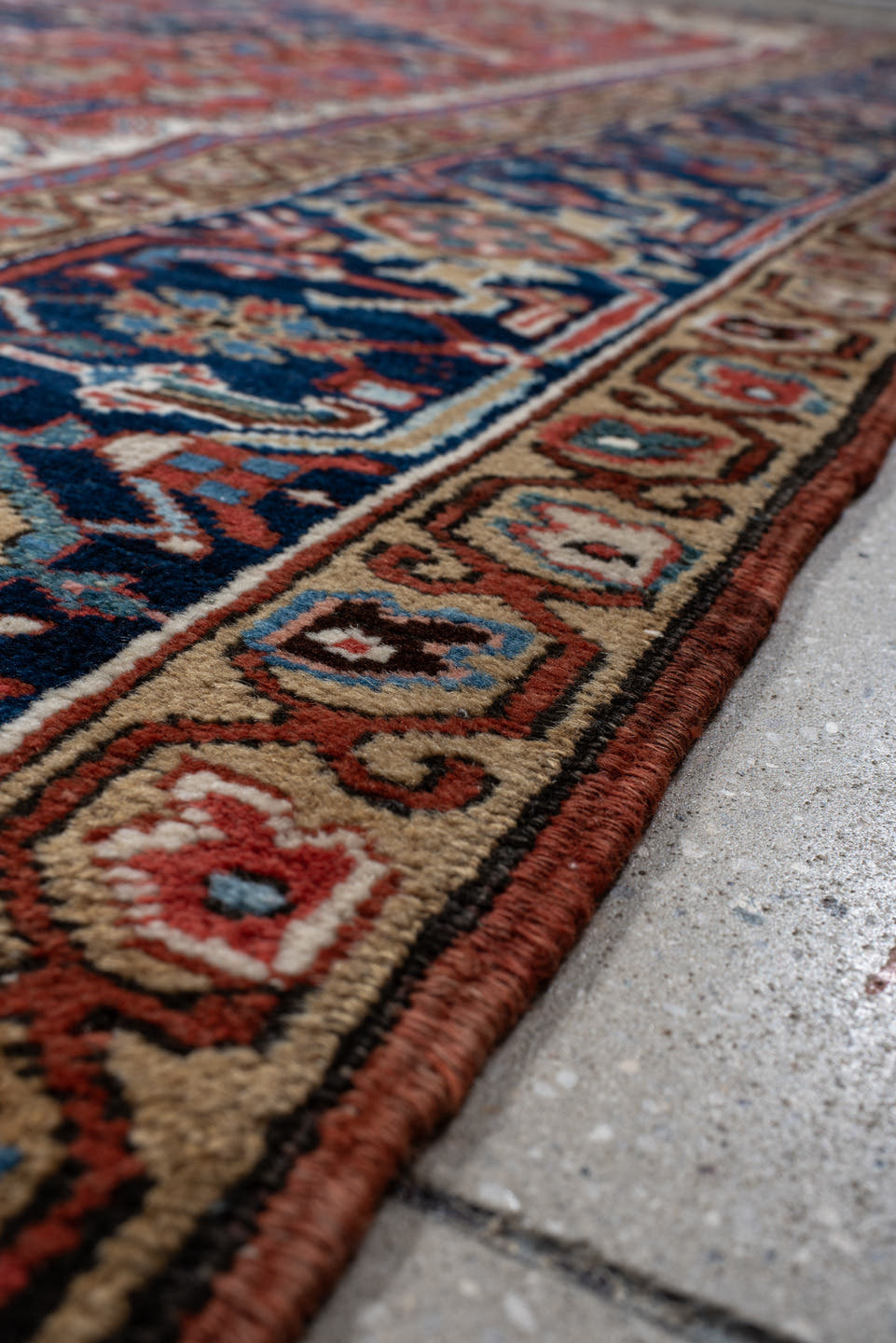 9' x 12' one-of-a-kind handmade vintage Heriz large size rug. Color palette: rust, navy, ivory, sky_blue, camel, terracotta