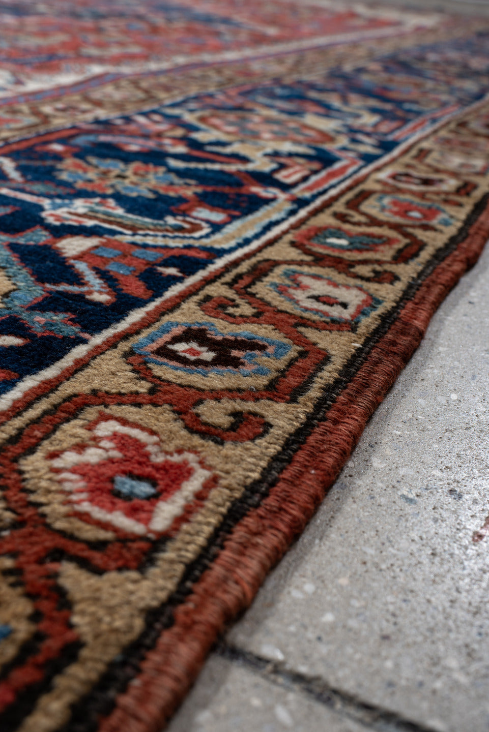 9' x 12' one-of-a-kind handmade vintage Heriz large size rug. Color palette: rust, navy, ivory, sky_blue, camel, terracotta