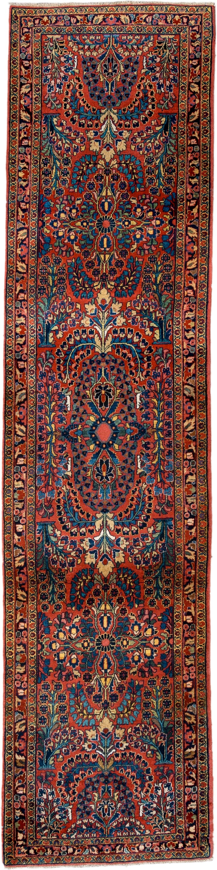 2' x 12' one-of-a-kind handmade antique Sarouk runner rug. Color palette: rust, navy, ivory, rose, teal, gold, burgundy
