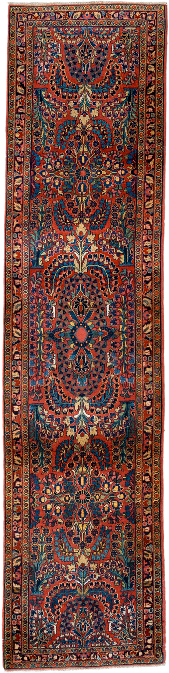2' x 12' one-of-a-kind handmade antique Sarouk runner rug. Color palette: rust, navy, ivory, rose, teal, gold, burgundy
