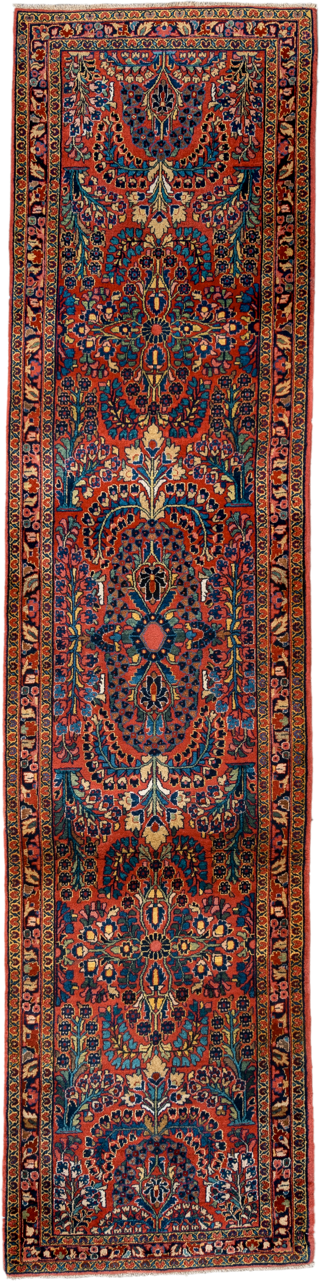 2' x 12' one-of-a-kind handmade antique Sarouk runner rug. Color palette: rust, navy, ivory, rose, teal, gold, burgundy