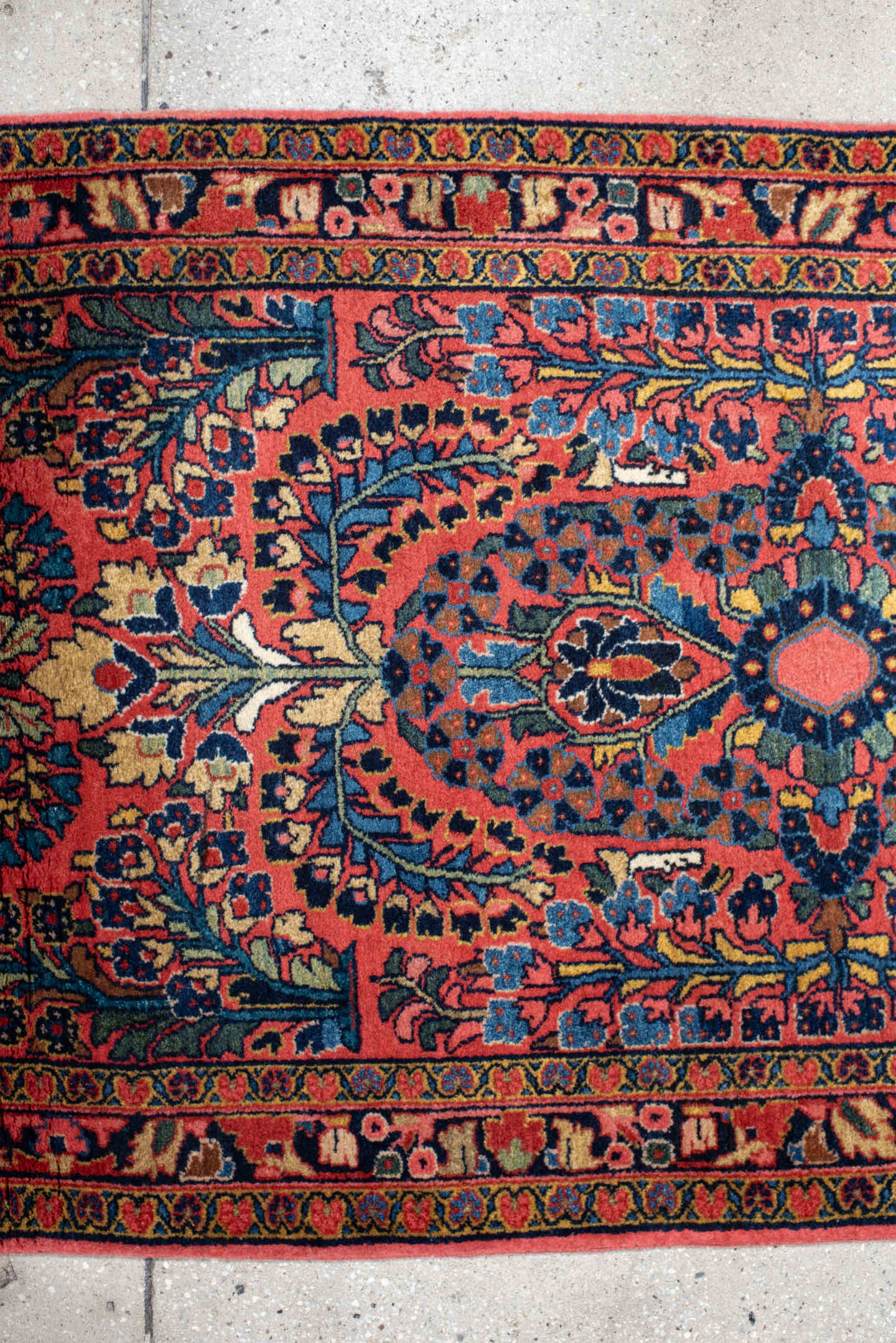 2' x 12' one-of-a-kind handmade antique Sarouk runner rug. Color palette: rust, navy, ivory, rose, teal, gold, burgundy