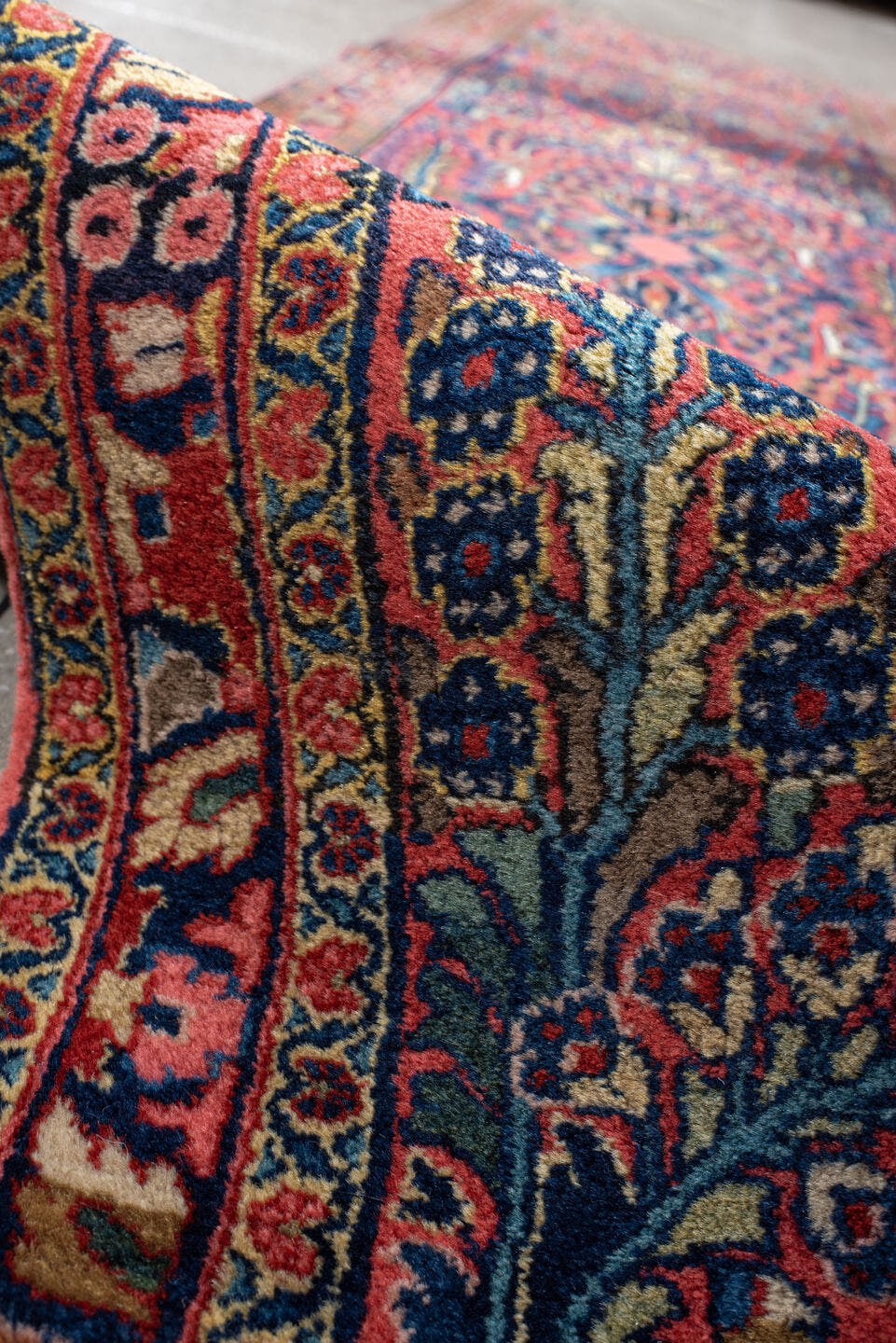 2' x 12' one-of-a-kind handmade antique Sarouk runner rug. Color palette: rust, navy, ivory, rose, teal, gold, burgundy