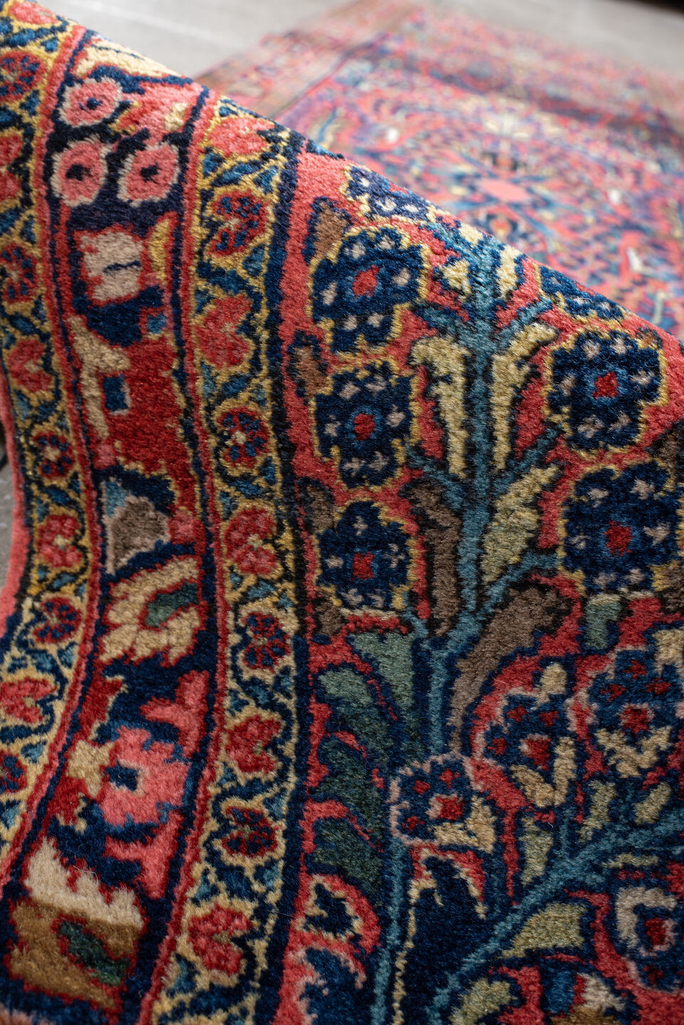 2' x 12' one-of-a-kind handmade antique Sarouk runner rug. Color palette: rust, navy, ivory, rose, teal, gold, burgundy