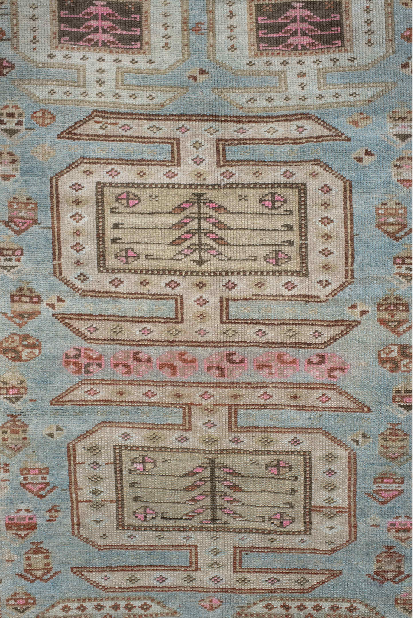3' x 11' one-of-a-kind handmade vintage  runner rug. Color palette: ivory, sky blue, brown, rust, taupe, rose, charcoal