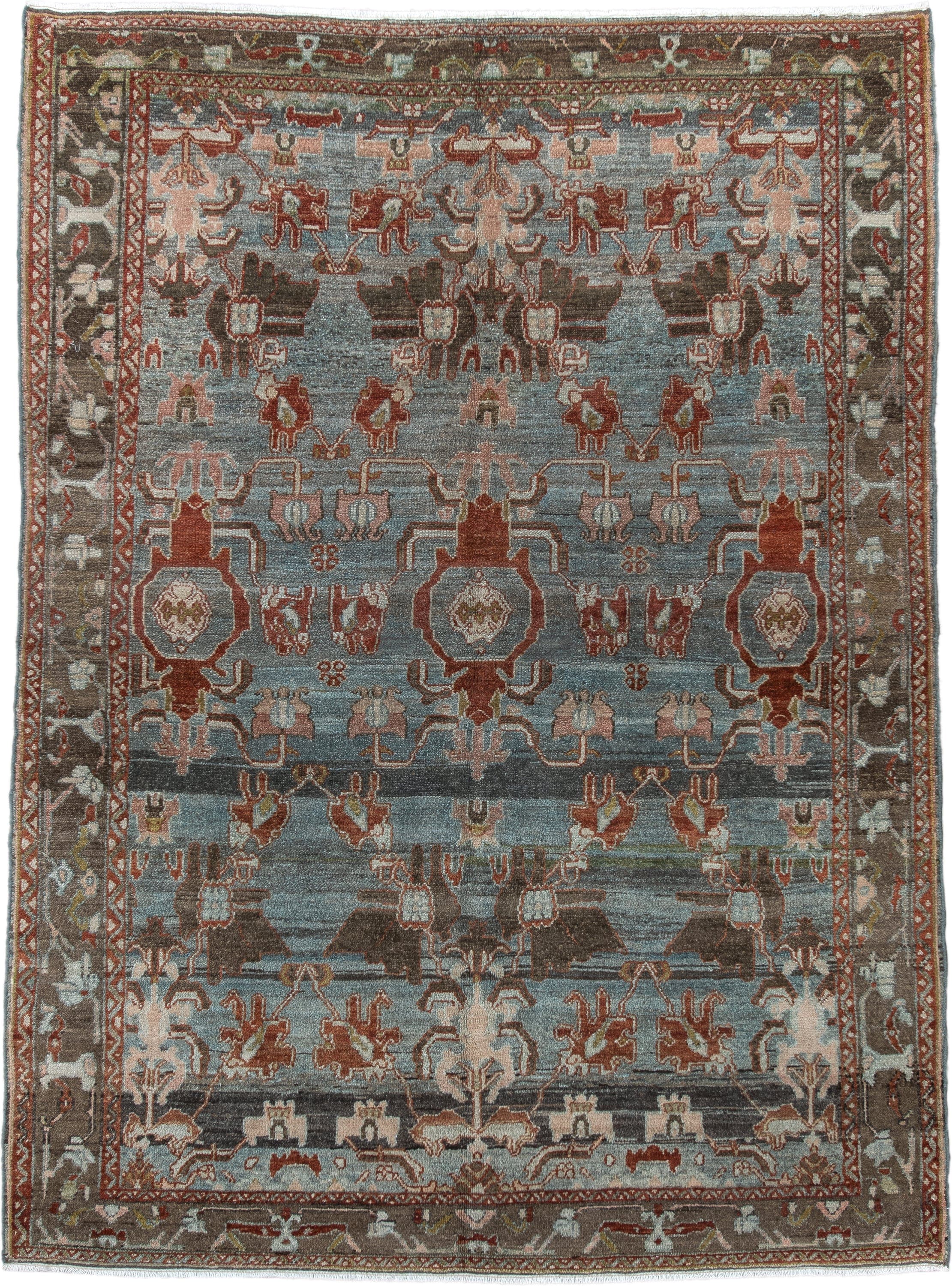 5' x 7' one-of-a-kind handmade vintage Hamadan rug. Color palette: blue, rust, taupe, charcoal, ivory, rose, brown