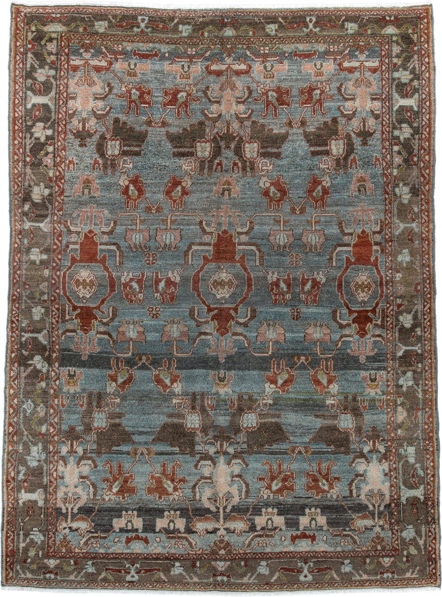5' x 7' one-of-a-kind handmade vintage Hamadan rug. Color palette: blue, rust, taupe, charcoal, ivory, rose, brown