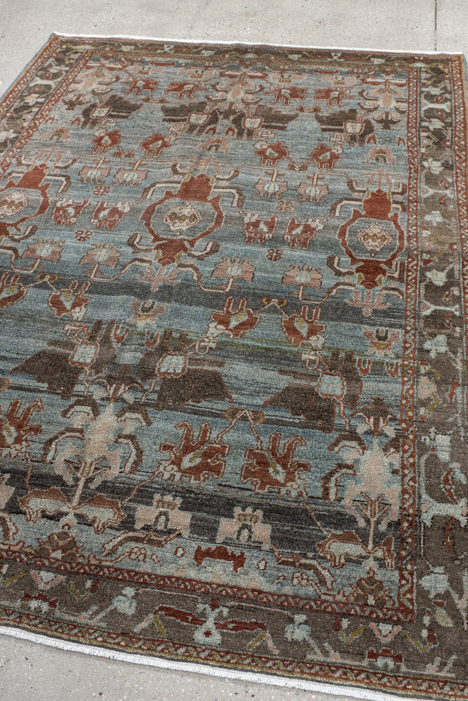 5' x 7' one-of-a-kind handmade vintage Hamadan rug. Color palette: blue, rust, taupe, charcoal, ivory, rose, brown
