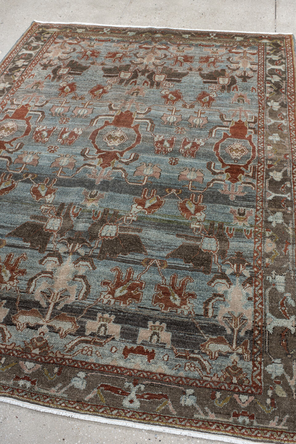 5' x 7' one-of-a-kind handmade vintage Hamadan rug. Color palette: blue, rust, taupe, charcoal, ivory, rose, brown