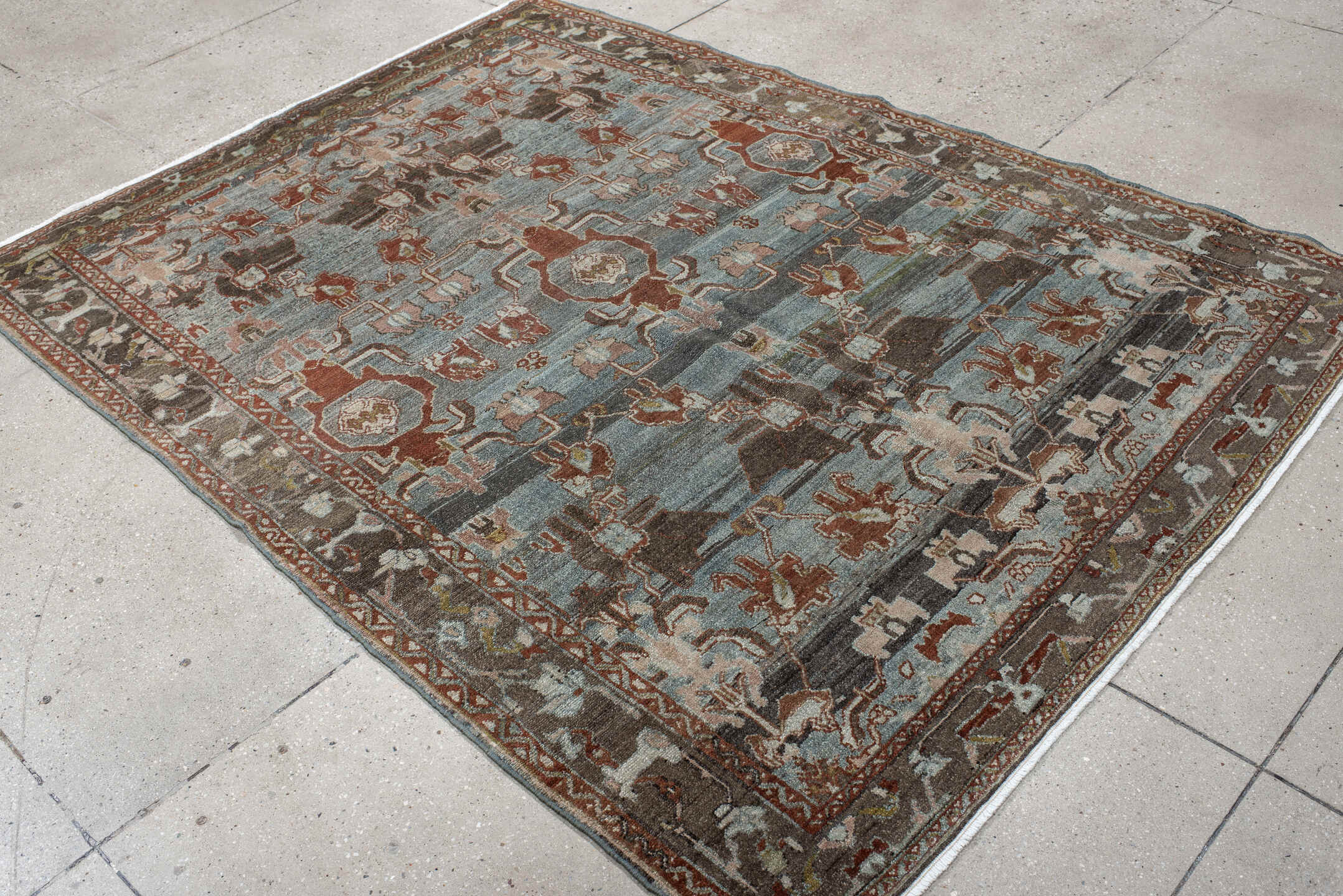 5' x 7' one-of-a-kind handmade vintage Hamadan rug. Color palette: blue, rust, taupe, charcoal, ivory, rose, brown