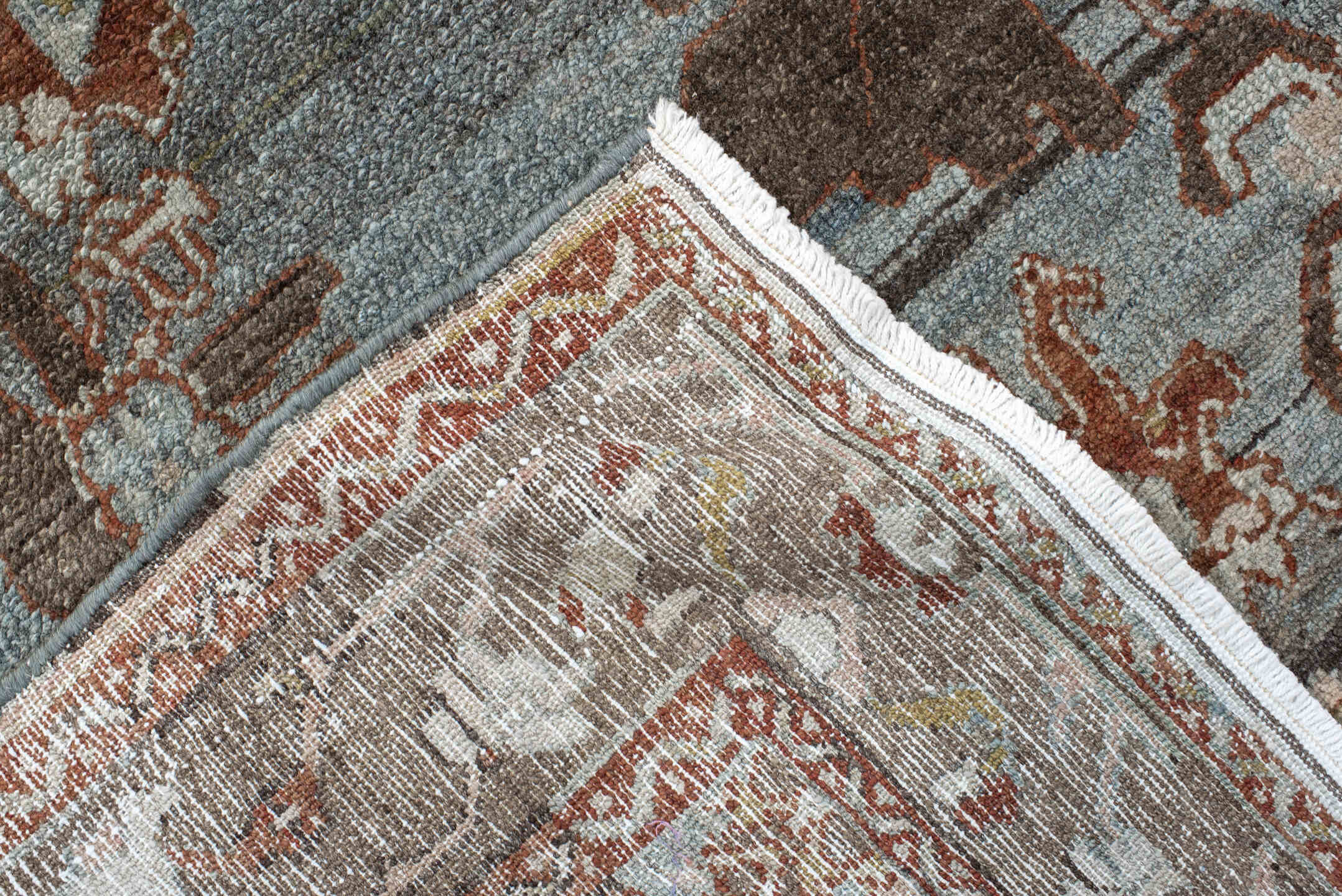 5' x 7' one-of-a-kind handmade vintage Hamadan rug. Color palette: blue, rust, taupe, charcoal, ivory, rose, brown