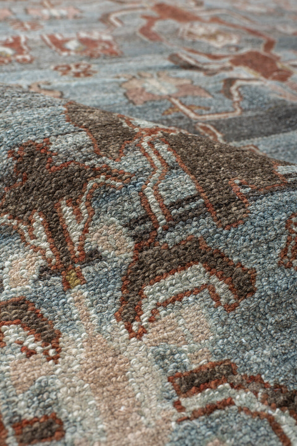 5' x 7' one-of-a-kind handmade vintage Hamadan rug. Color palette: blue, rust, taupe, charcoal, ivory, rose, brown