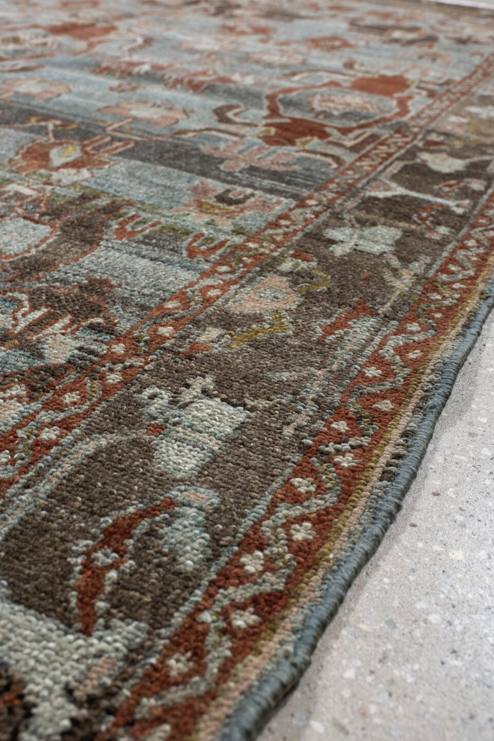 5' x 7' one-of-a-kind handmade vintage Hamadan rug. Color palette: blue, rust, taupe, charcoal, ivory, rose, brown