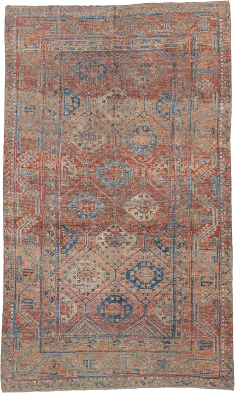 6' x 10' one-of-a-kind handmade antique Belouch large size rug. Color palette: rust, ivory, blue, terra cotta, camel, slate