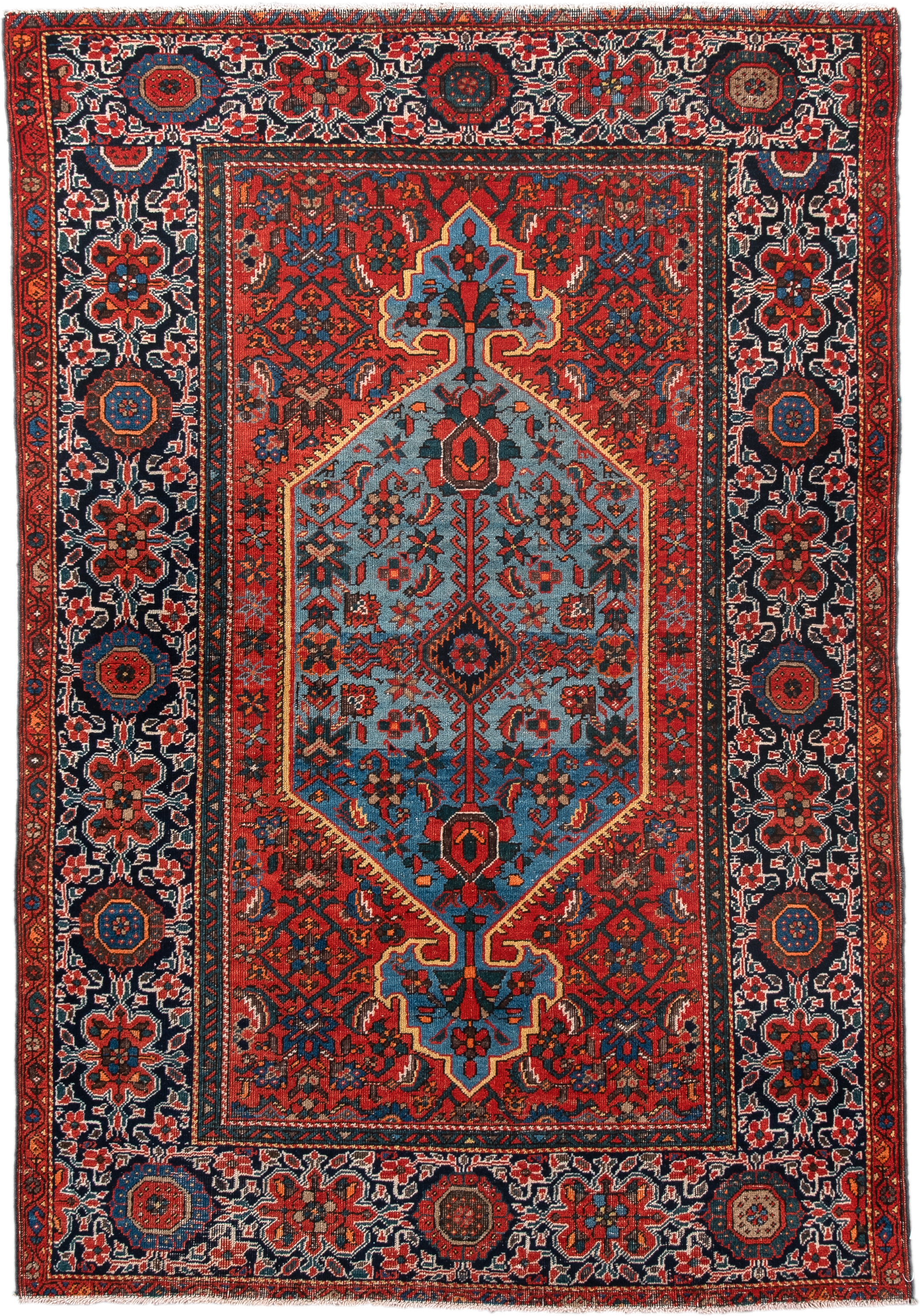 3' x 5' one-of-a-kind handmade vintage Far.Sarouk small size rug. Color palette: red, navy, sky_blue, ivory, rust, cobalt