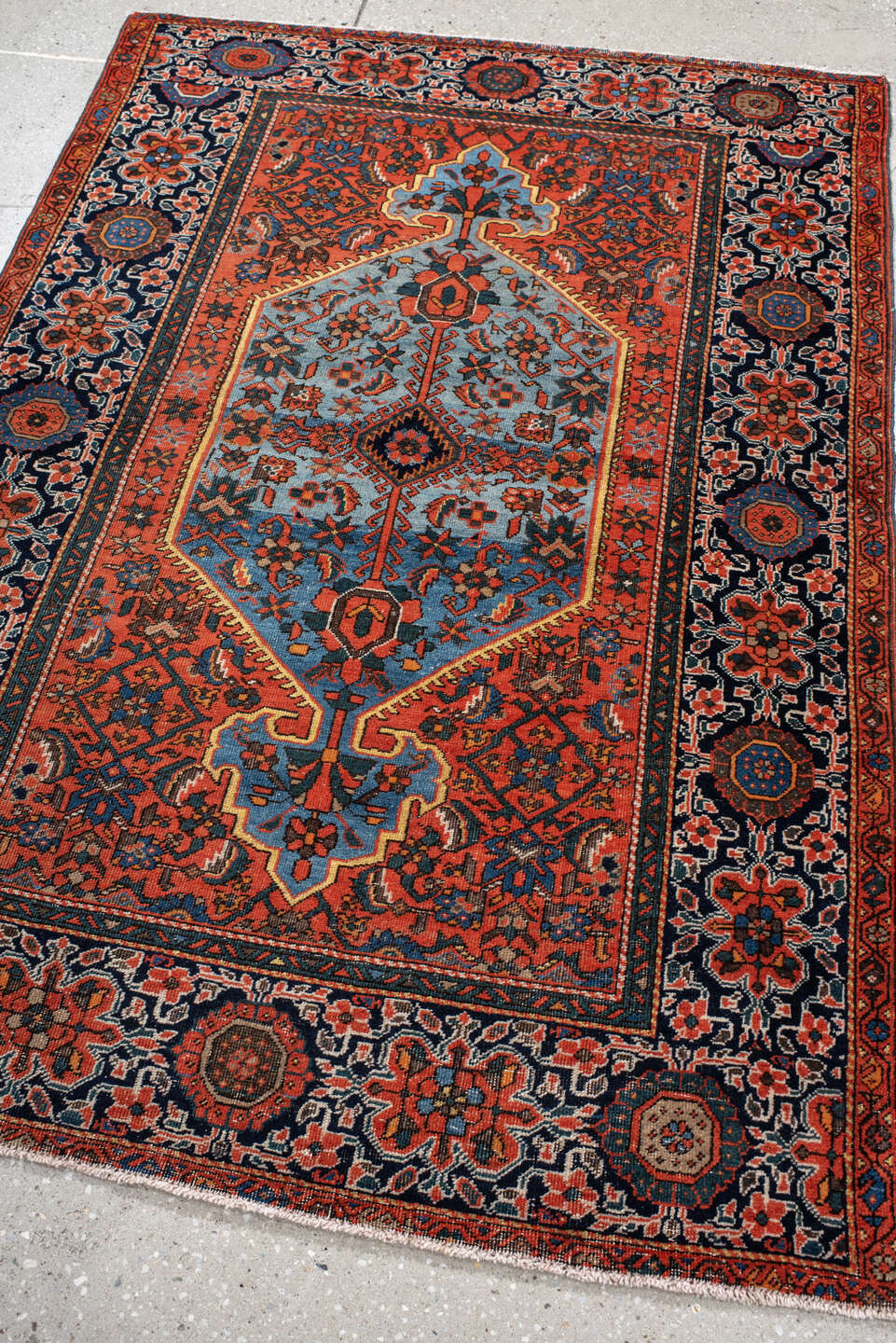 3' x 5' one-of-a-kind handmade vintage Far.Sarouk small size rug. Color palette: red, navy, sky_blue, ivory, rust, cobalt