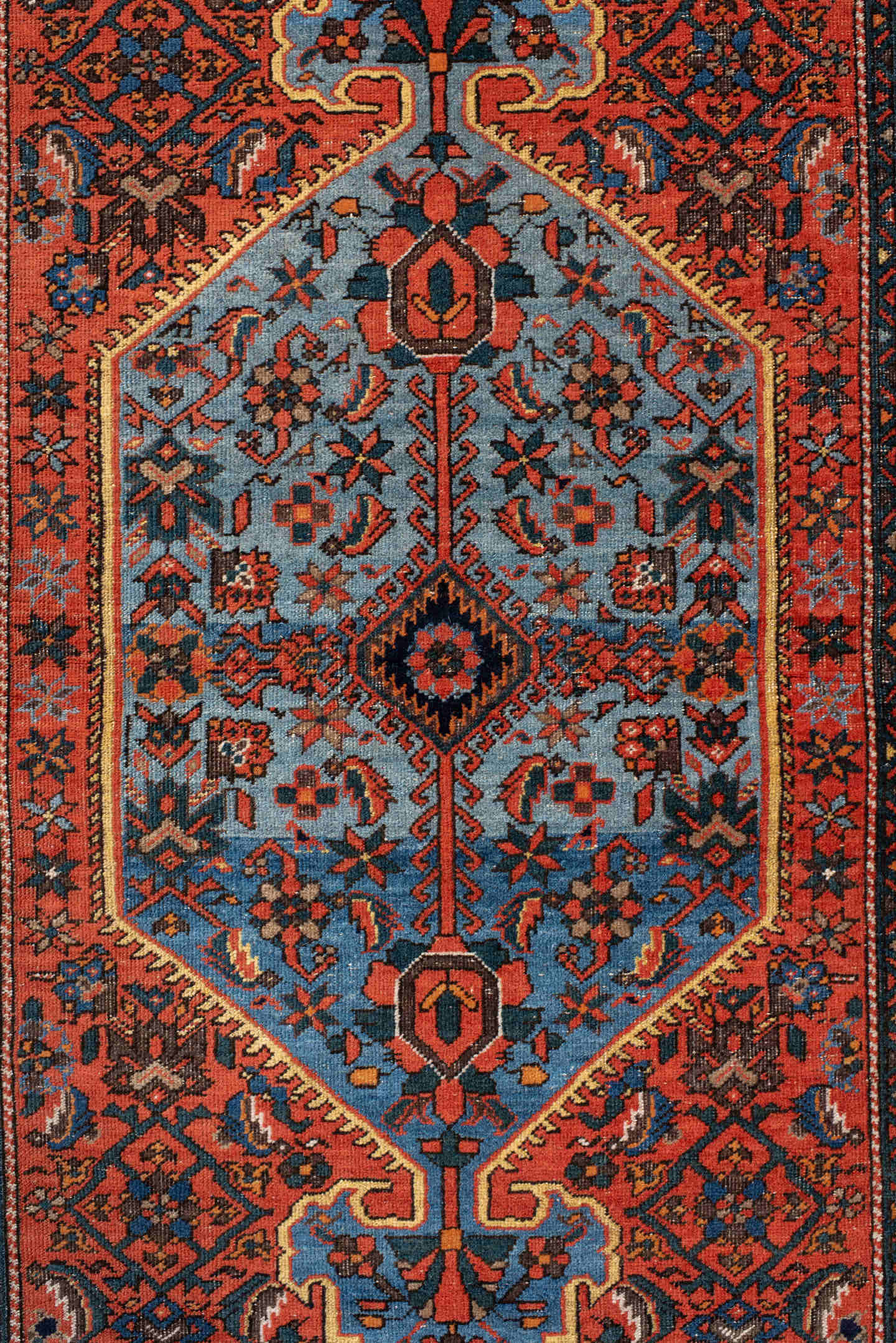 3' x 5' one-of-a-kind handmade vintage Far.Sarouk small size rug. Color palette: red, navy, sky_blue, ivory, rust, cobalt